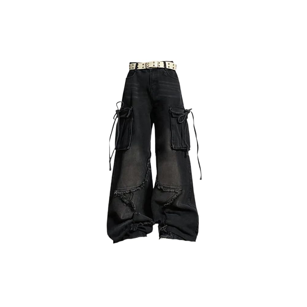 Gothic Black Baggy Cargo Jeans for Women - Aesthetic Distressed Denim Pants with Multiple Pockets | Perfect for Streetwear, Punk Fashion & Alternative Outfits