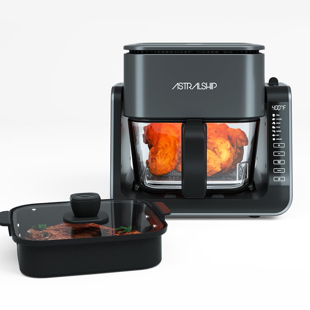 2-in-1 Glass Air Fryer & Grill Pan Combo - 7 Presets, 4.2QT+1.3QT Capacity, Non-Toxic & Non-Stick - Healthy Cooking for Frying, Griddle & Baking - Perfect for Family Meals, Party Snacks & Quick Healthy Dinners