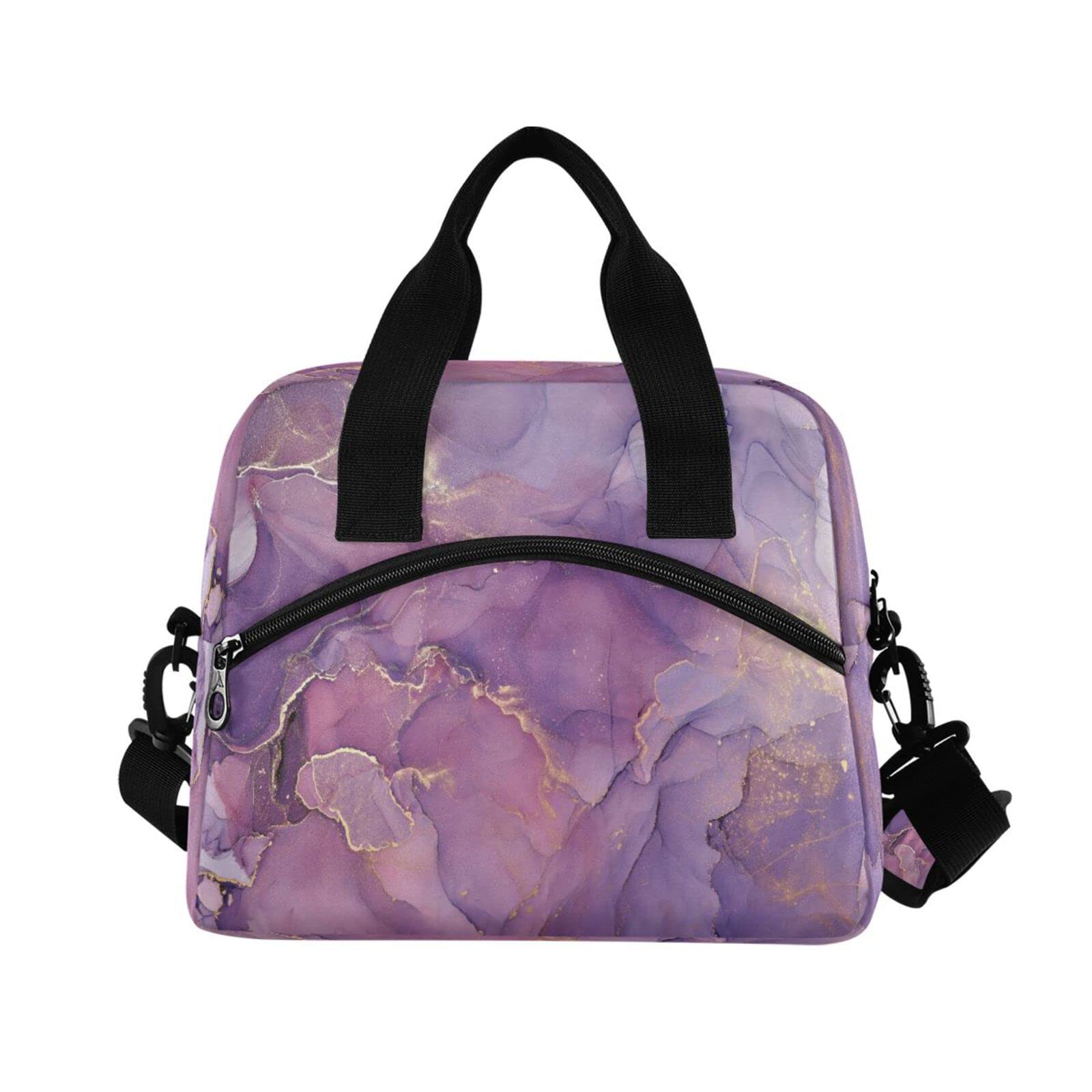 Insulated Purple Golden Marble Lunch Bag for Women - Reusable Cooler Tote with Adjustable Shoulder Strap | Leakproof Lunch Box for Office, School, Picnic & Outdoor Activities