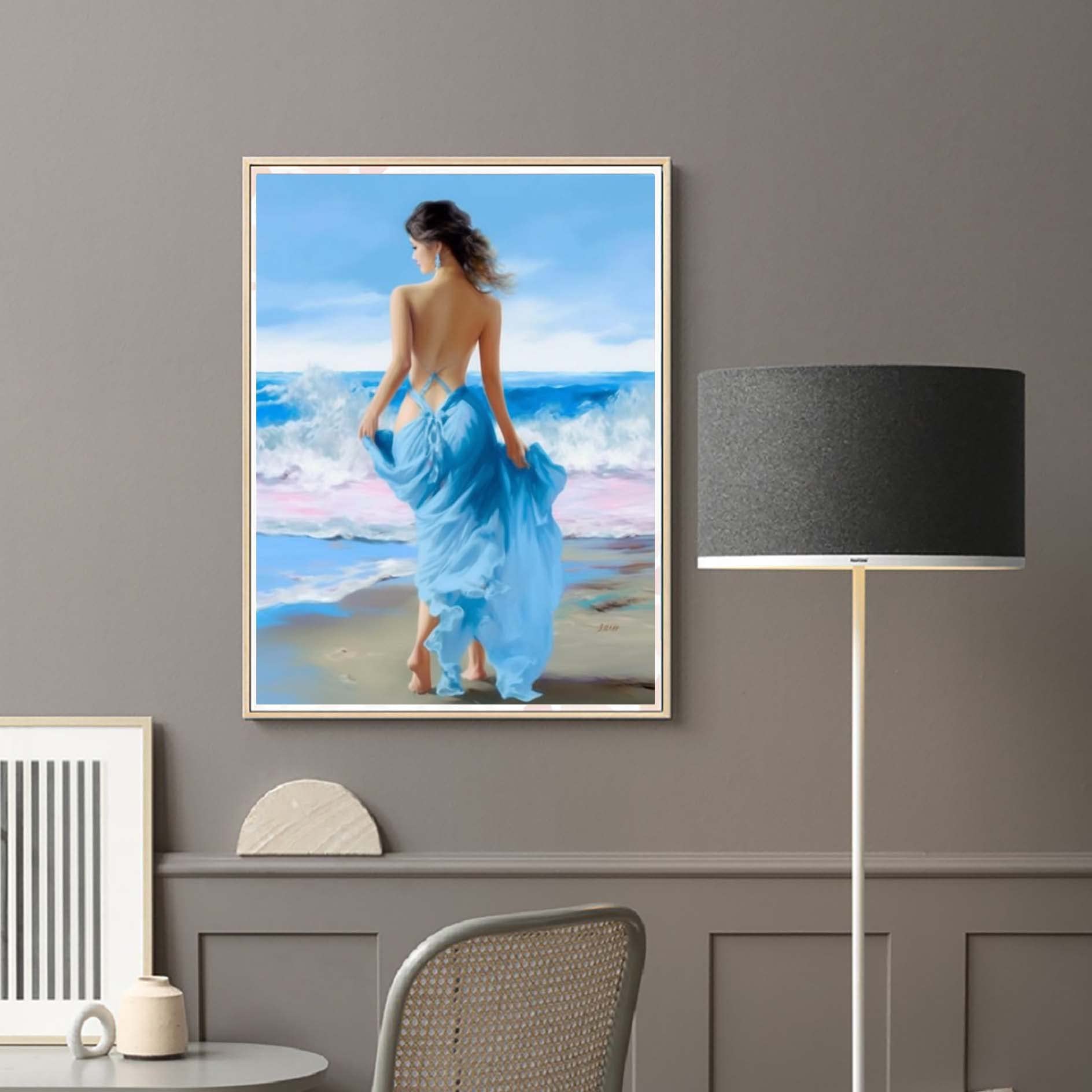 DIY Oil Painting by Numbers Kit for Adults & Kids - Seaside Blue Dress Woman Acrylic Paint by Numbers for Beginners - 16x20 Inch Home Wall Decor Art - Perfect for Relaxation, Stress Relief & Creative Gift