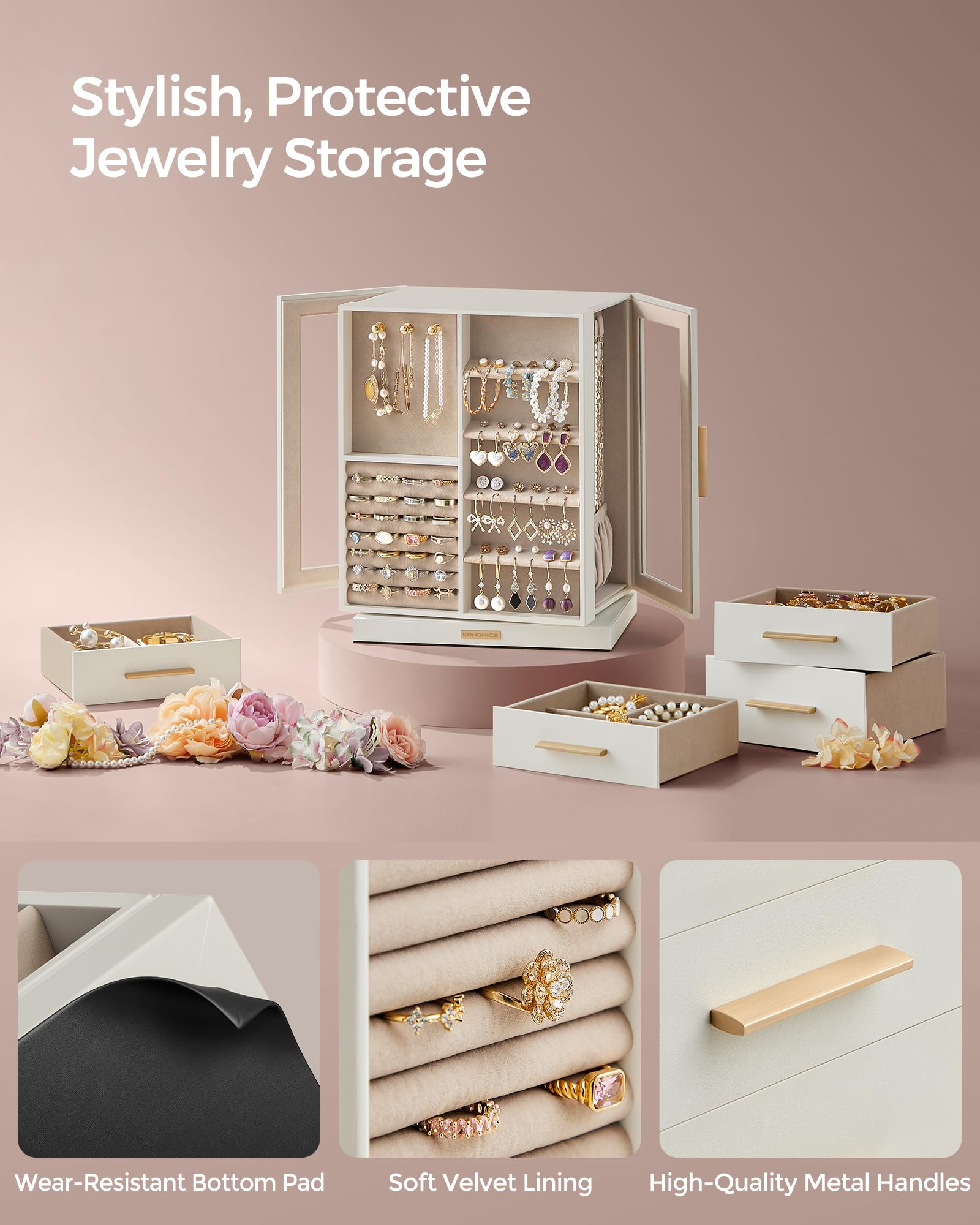 360° Rotating Jewelry Organizer Box with 5 Drawers & Glass Window - Spacious Vertical Jewelry Storage Case for Necklaces, Rings & Earrings - Perfect Gift for Women (Cloud White) | Bedroom Vanity, Closet & Travel Jewelry Organizer