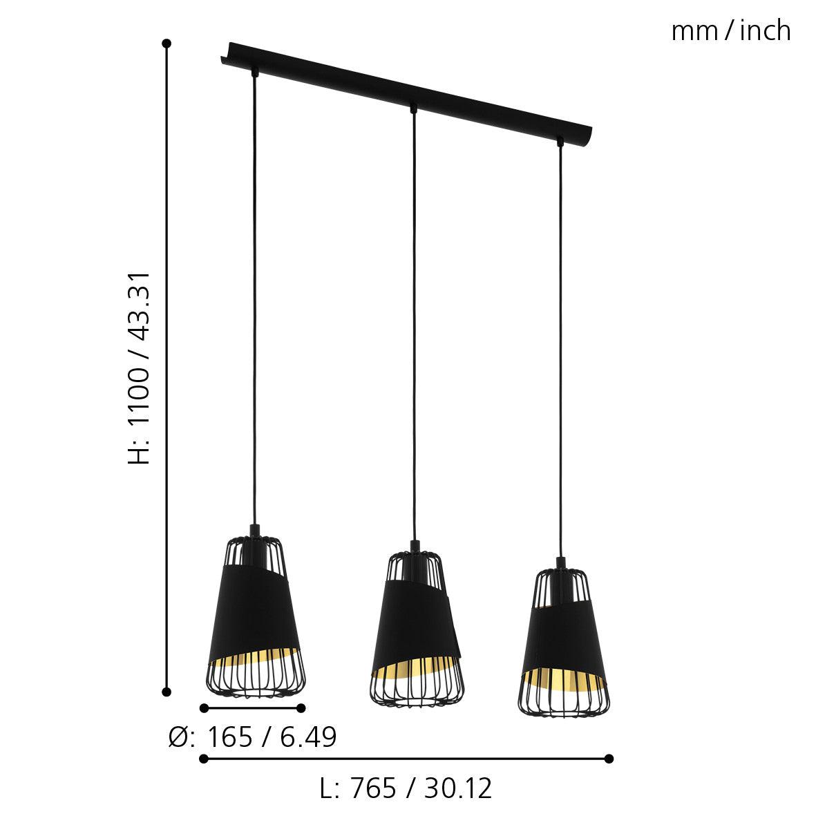 Eglo Austell 3-Light Black & Gold Wire Framed Ceiling Pendant Light Fixture - Modern Dining Room, Kitchen Island, or Entryway Lighting