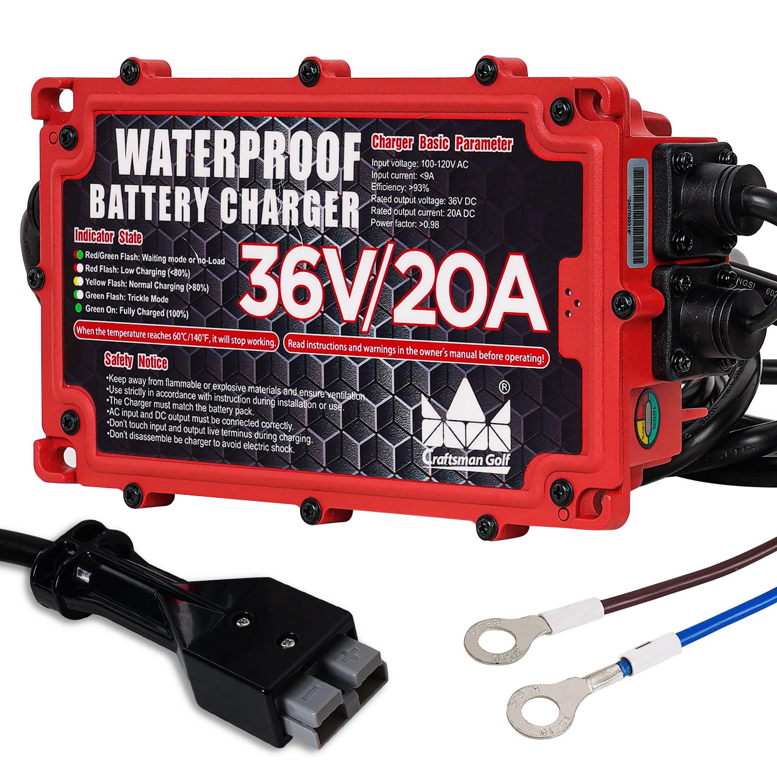 CRAFTSMAN 36V 20A Golf Cart Battery Charger for EZGO with Anderson SB50 Plug - Fast Charging Onboard Golf Cart Charger for Club Car, Yamaha & More | Perfect for Home, Course & RV Use