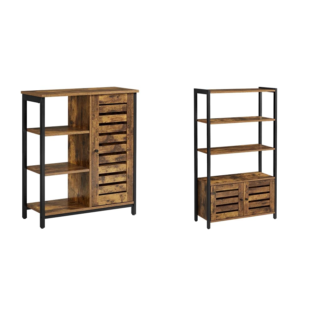 VASAGLE Lowell Bookshelf and Storage Cabinet - 3-Tier Shelf with 2 Louvered Doors, Rustic Brown & Black Multipurpose Cupboard (ULSC75BX & ULSC74BX) - Perfect for Living Room, Bedroom, Office, and Home Organization