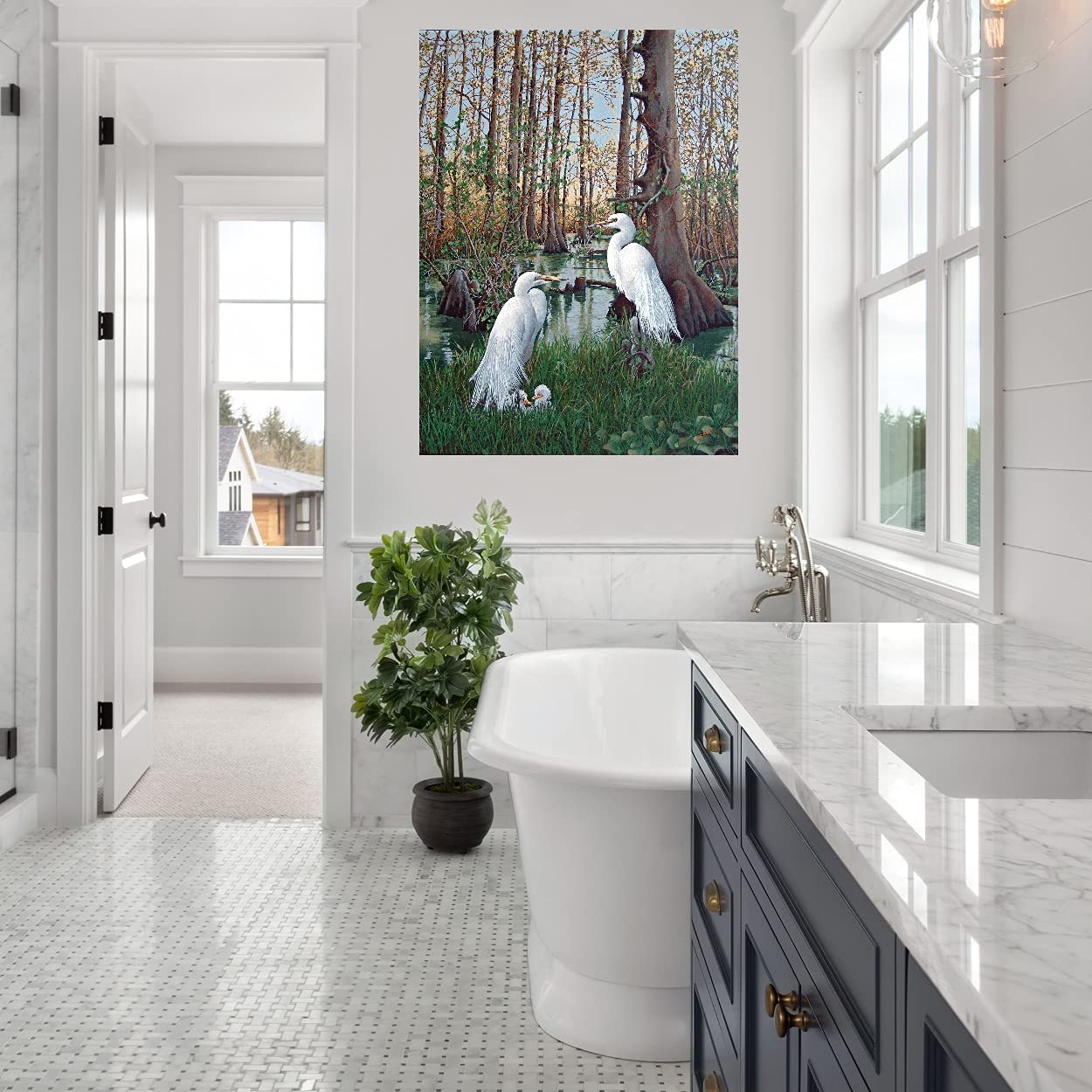 Snowy White Egret Nesting Fine Art Canvas Wall Decor by Artist Carol J Rupp - 32x43 Inch Ready to Hang Painting for Living Room, Bedroom, Office - Perfect for Nature-Inspired Home & Office Decor