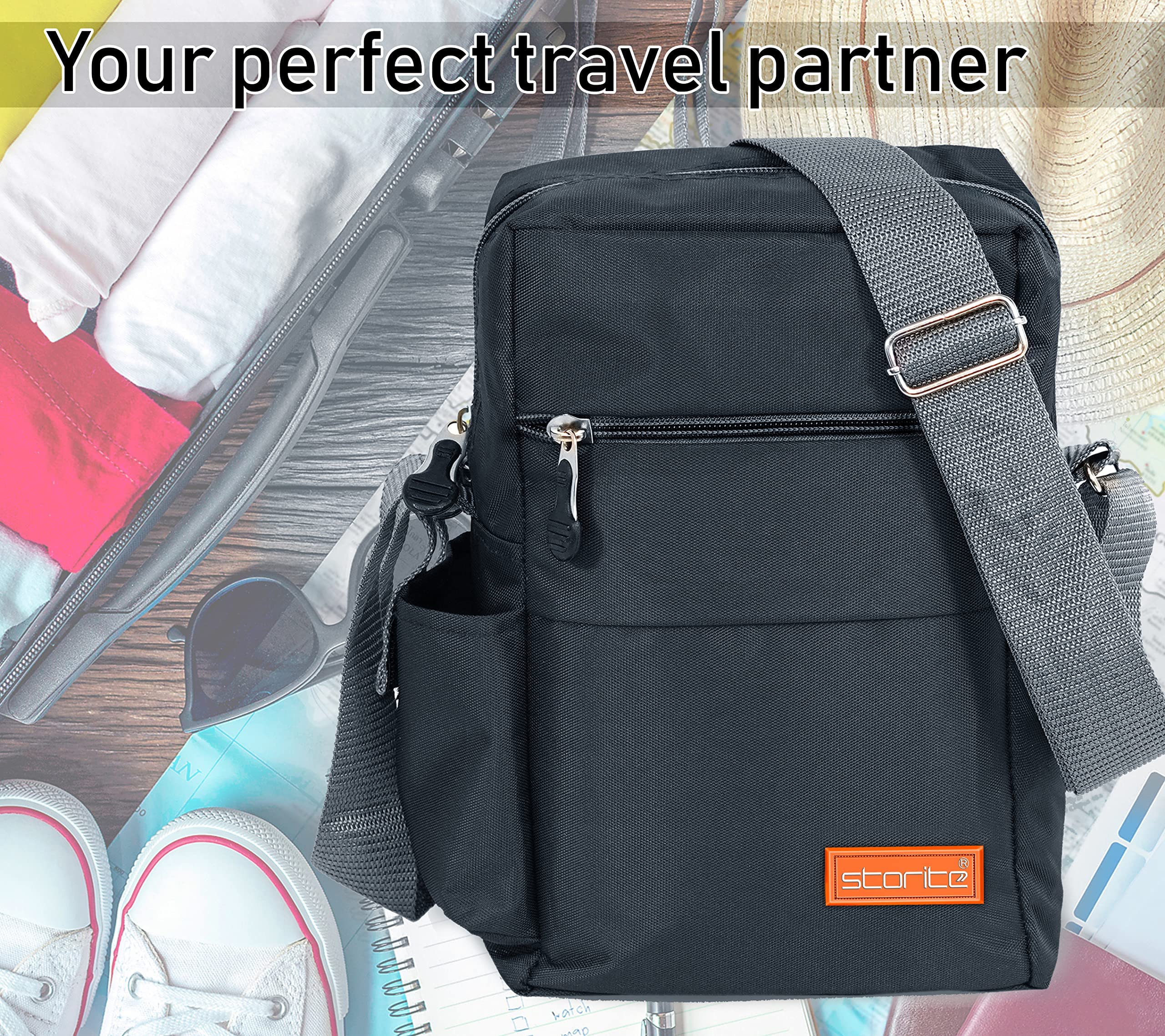 Storite 10 Inch Stylish Padded Mini Sling Bag for Men & Women - Compact Travel Bag with Water Bottle Pocket (25x16x7.5cm, Dark Grey) - Perfect for Passport Storage, Daily Commute & Outdoor Adventures