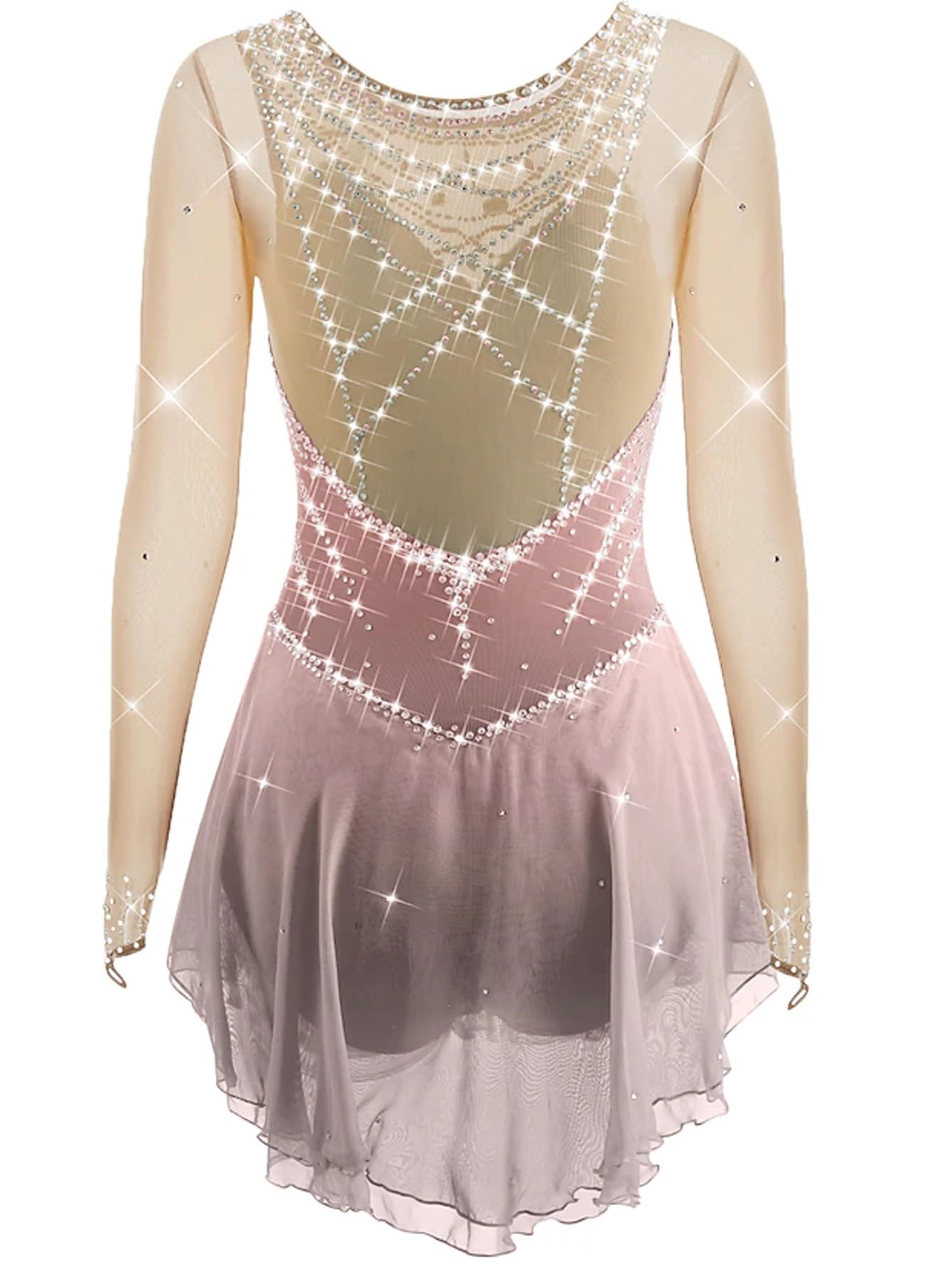 Girls Figure Skating Dress - Grey & Pink Round Neck Long Sleeve Rhinestone Performance Costume for Ice Skating Competitions & Shows | Perfect for Ice Shows, Competitions, and Practice Sessions