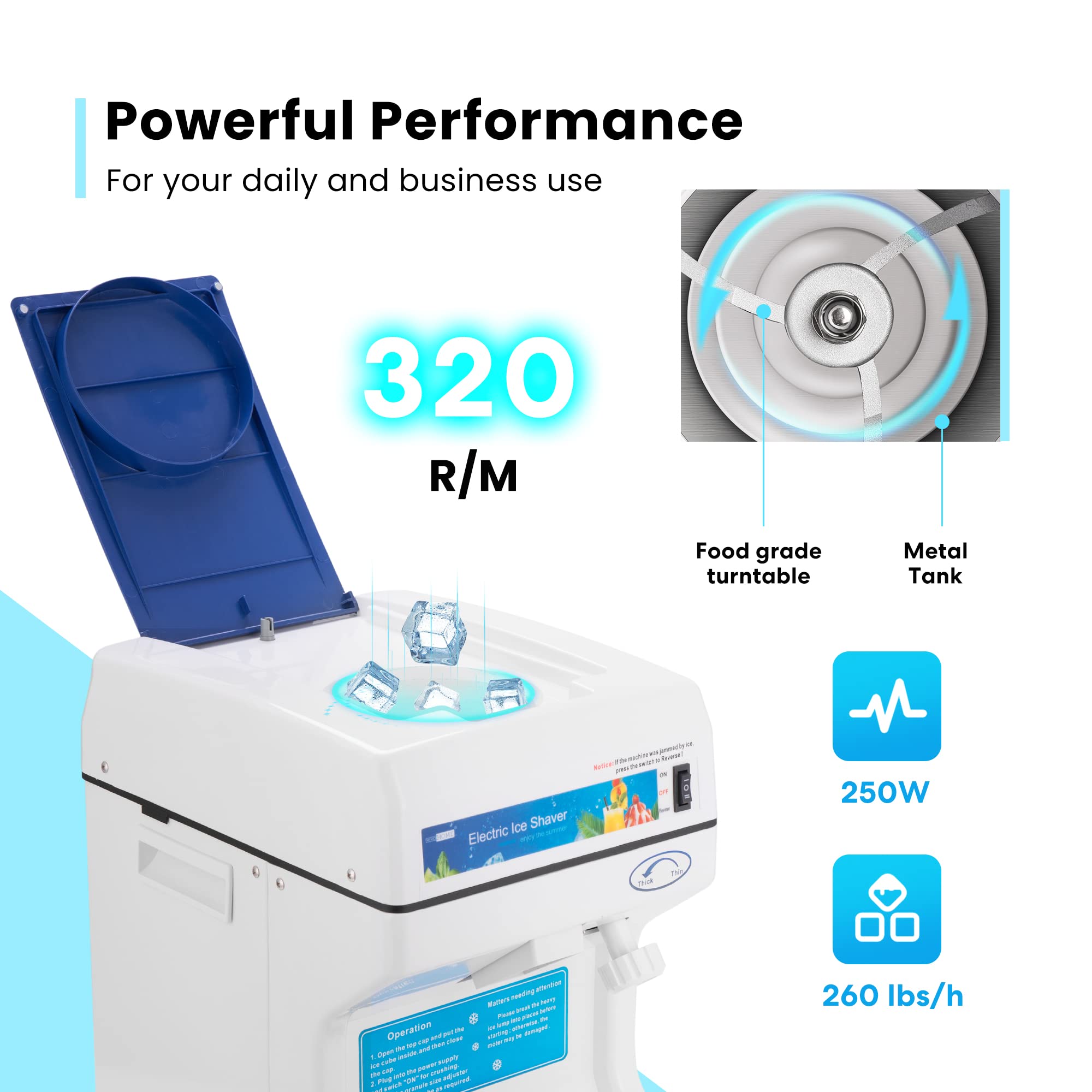 VIVOHOME Electric Ice Crusher Shaver Machine - 265lbs/hr Commercial & Home Use - Blue Snow Cone Maker for Parties, Bars, Restaurants & Summer Treats