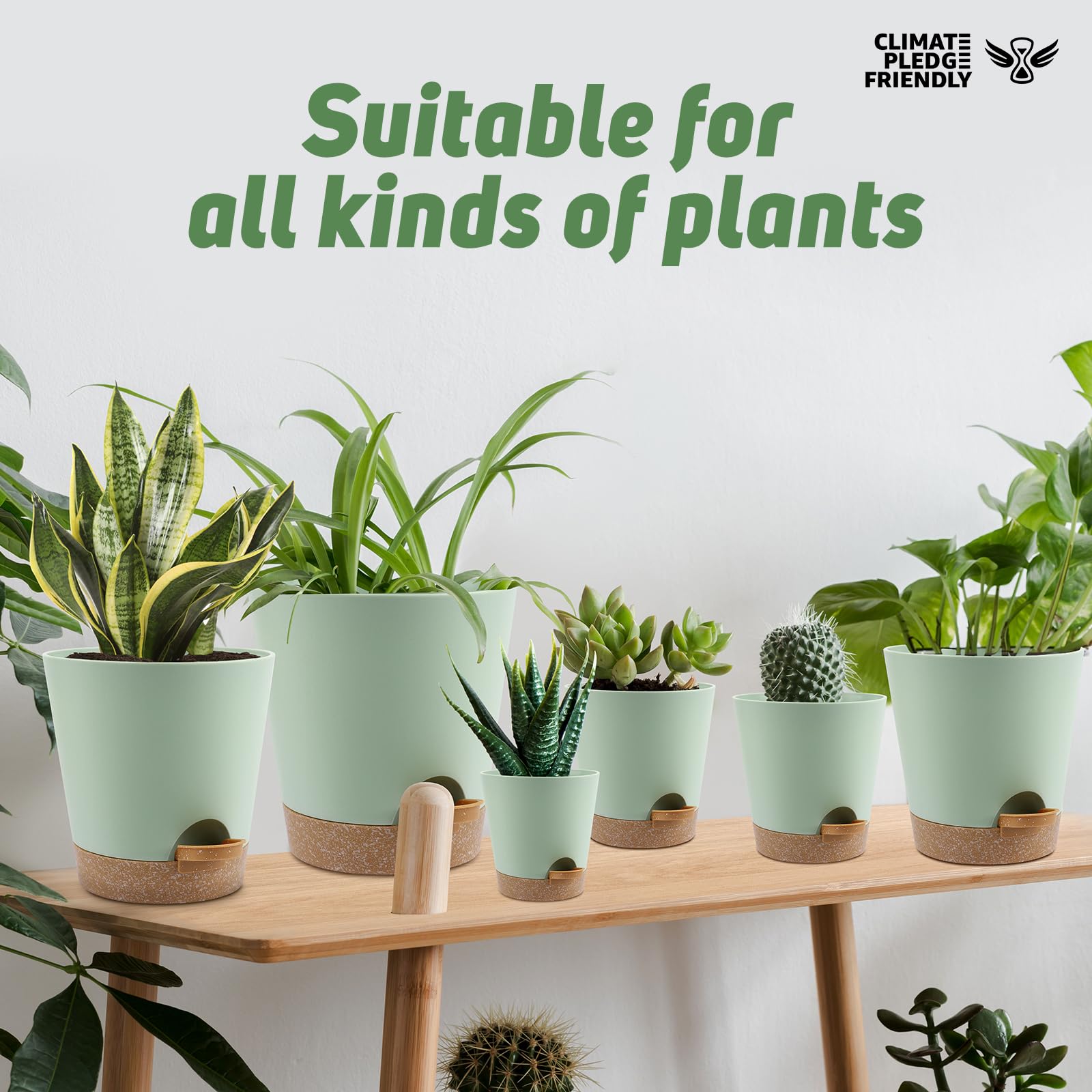 Self Watering Plant Pots with Drainage Holes & Saucers - 5 to 8 Inch Indoor Flower Planters (Set of 6, Green) - Perfect for Home Decor, Office Plants, Herb Gardens & Succulent Arrangements