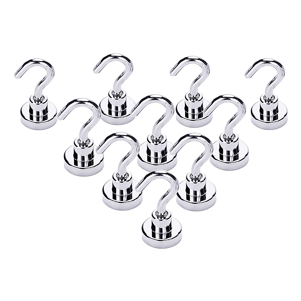 10x Strong N38 Neodymium Magnet Hooks - Rare Earth Heavy Duty Magnetic Hangers (10kg/22lb Capacity) - Perfect for Kitchen, Garage, Workshop & Office Organization