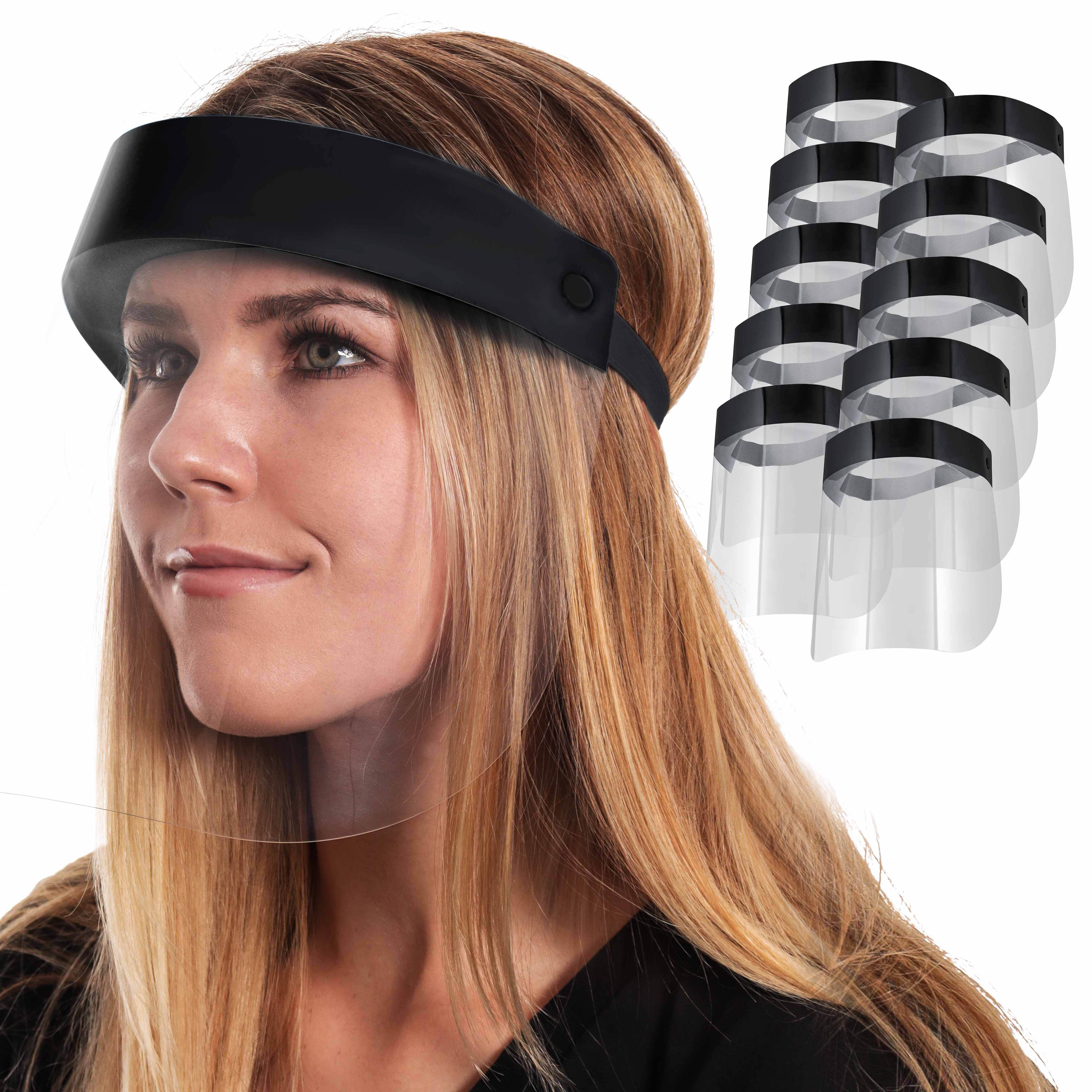 10 Pack Black Face Shields - Ultra Clear Full Face Protection, Anti-Fog PET Plastic for Eyes, Nose & Mouth Protection | Droplet & Splash Guard for Healthcare, Food Service & Industrial Safety