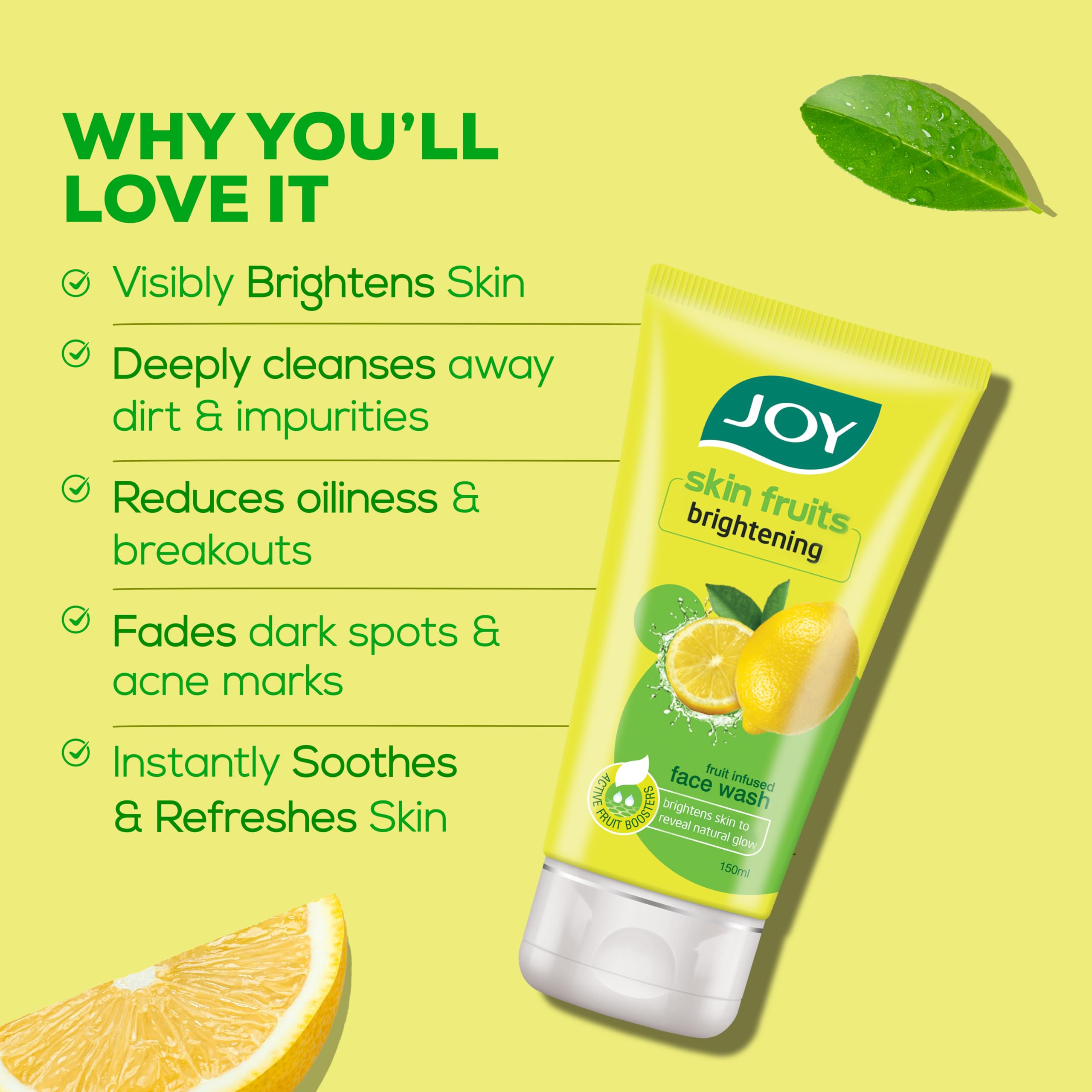 Joy Skin Fruits Lemon Brightening Face Wash 100ml with Vitamin C - Reduces Dark Spots, Oil & Dirt for Glowing Skin - Best for Normal to Oily Skin - Morning & Night Skincare Routine, Travel-Friendly Facial Cleanser