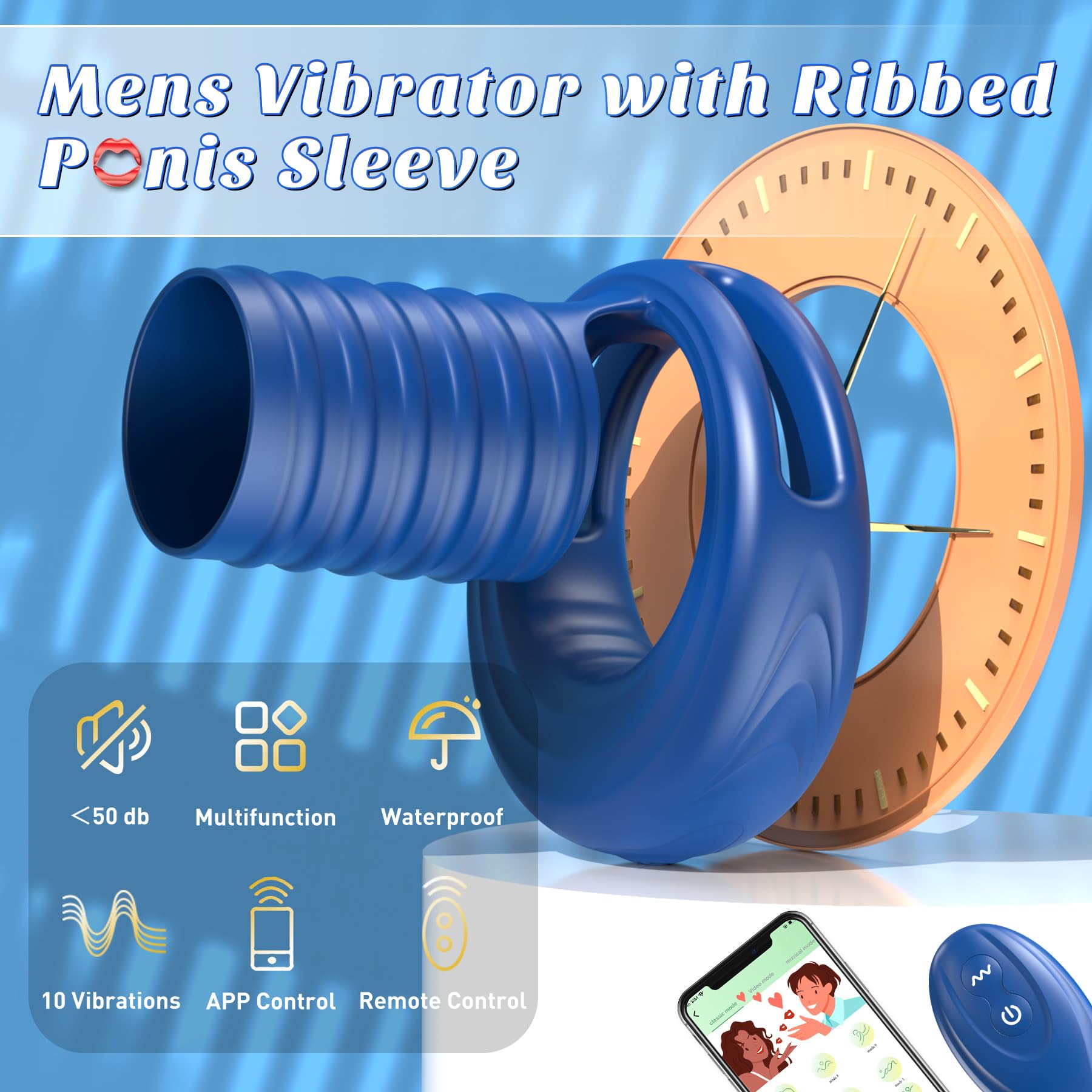 Elastic Vibrating Cock Ring with Remote Control - Couples Sex Toy for Men & Women, APP Controlled Penis Vibrator for Vagina & Penis Stimulation - Perfect for Foreplay & Intimate Pleasure (Blue)