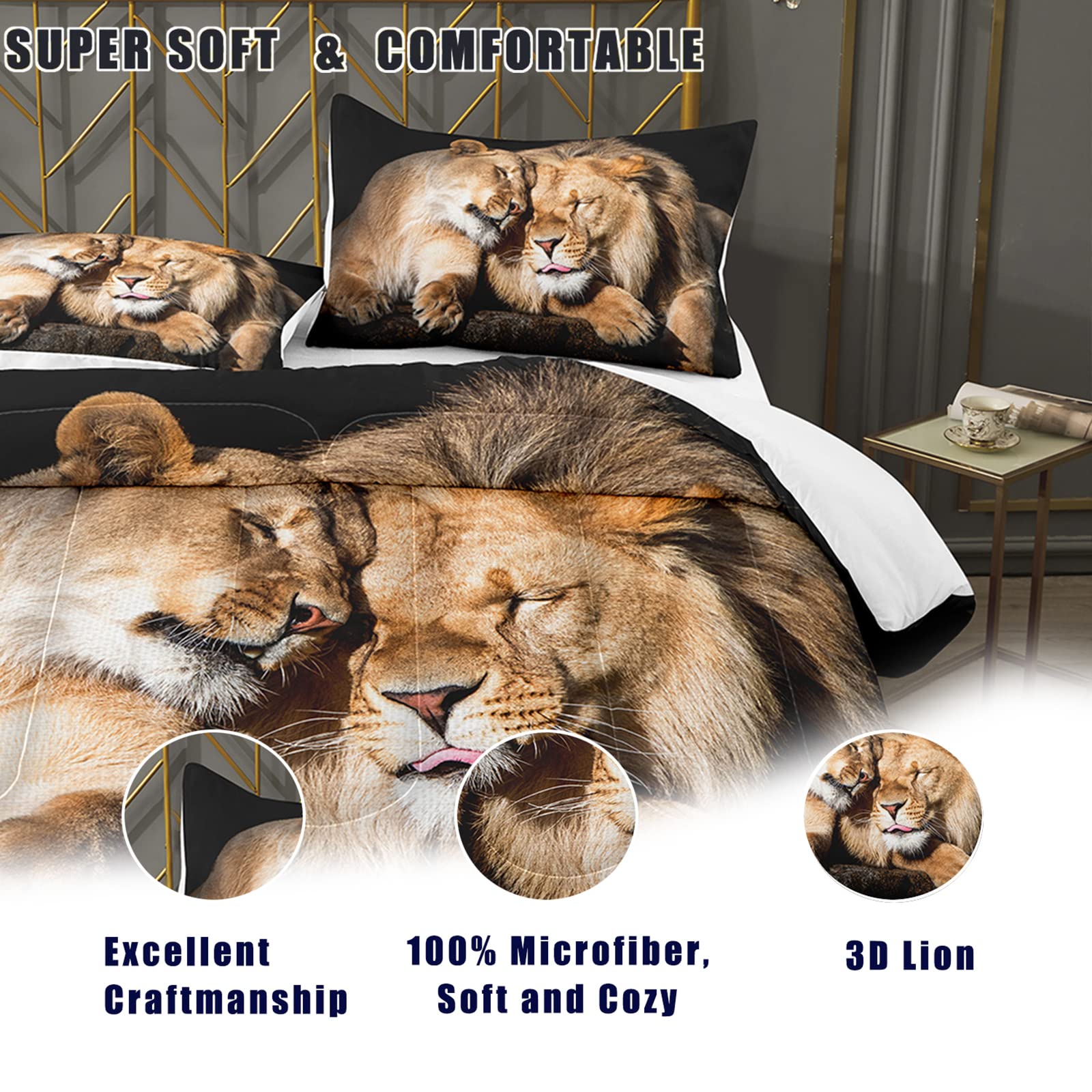 Bodhi Lover Couple Lion Comforter Set - Full Size Soft Microfiber Bedding with 1 Comforter & 2 Pillow Shams - Animal Print Lion Design #4004 - Perfect for Cozy Bedrooms, Kids Rooms & Bohemian Decor