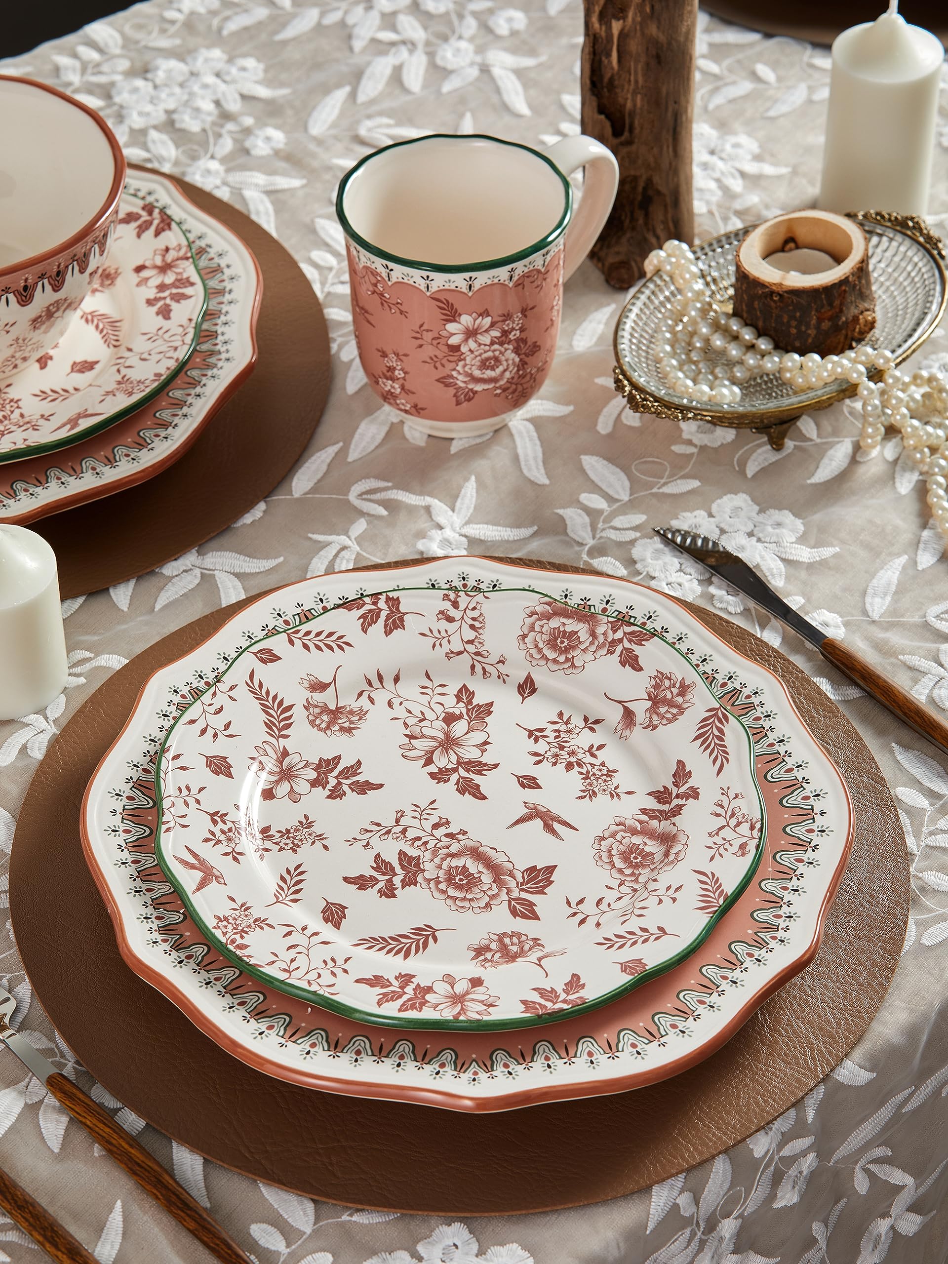 Bico Country Wanderlust Scalloped Salad Plates - 8.75 Inch Set of 4 - Microwave & Dishwasher Safe Appetizer Dishes - Perfect for Salads, Desserts, and Entertaining Guests at Parties