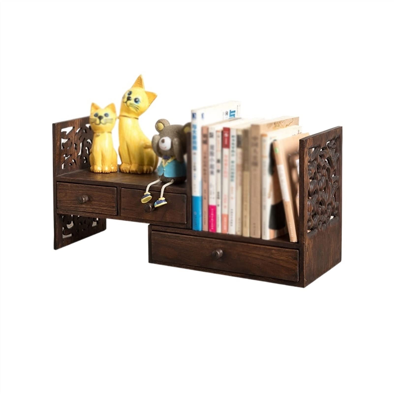 TOMYEUS Creative Retro Small Bookshelf - Adjustable Desktop Bookcase with Drawers, Brown Wooden Storage Cabinet for Home Office, Bedroom & Living Room