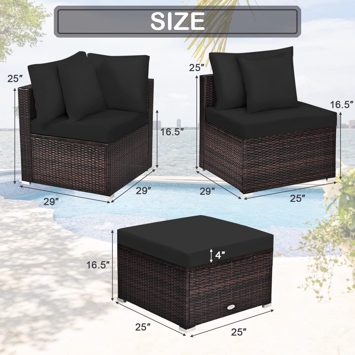 Tangkula 4-Piece Patio Rattan Sofa Set - Outdoor Wicker Sectional Furniture with Removable Cushions & Pillows - Black Garden Conversation Set for Backyard, Porch, Poolside, Balcony & Patio Decor