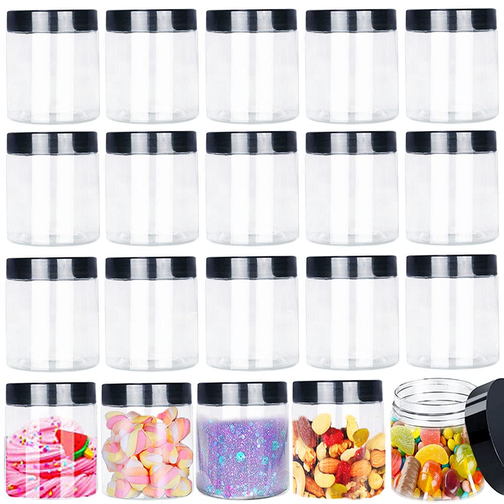 20 Pack 4oz Clear Plastic Jars with Black Lids - Empty Transparent Round Containers for Slime, DIY Crafts, Food Storage, Makeup & Liquid Organizers - Perfect for Home, School & Party Supplies