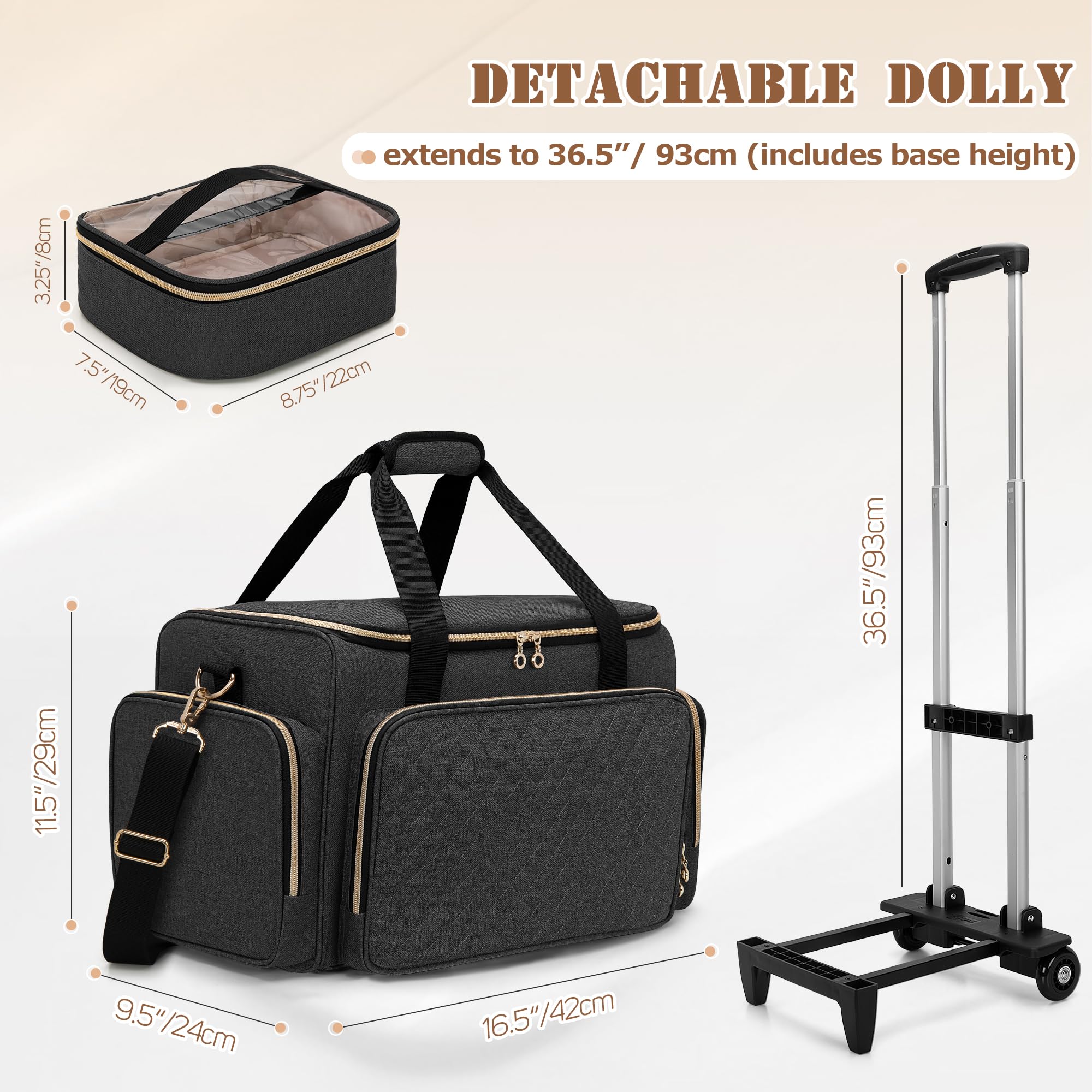 LUXJA Large Rolling Makeup Case with 3 Removable Pouches & Brush Bag - Professional Cosmetic Organizer with Detachable Dolly (Patented) - Perfect for Travel, Salon, and Makeup Artists - Black