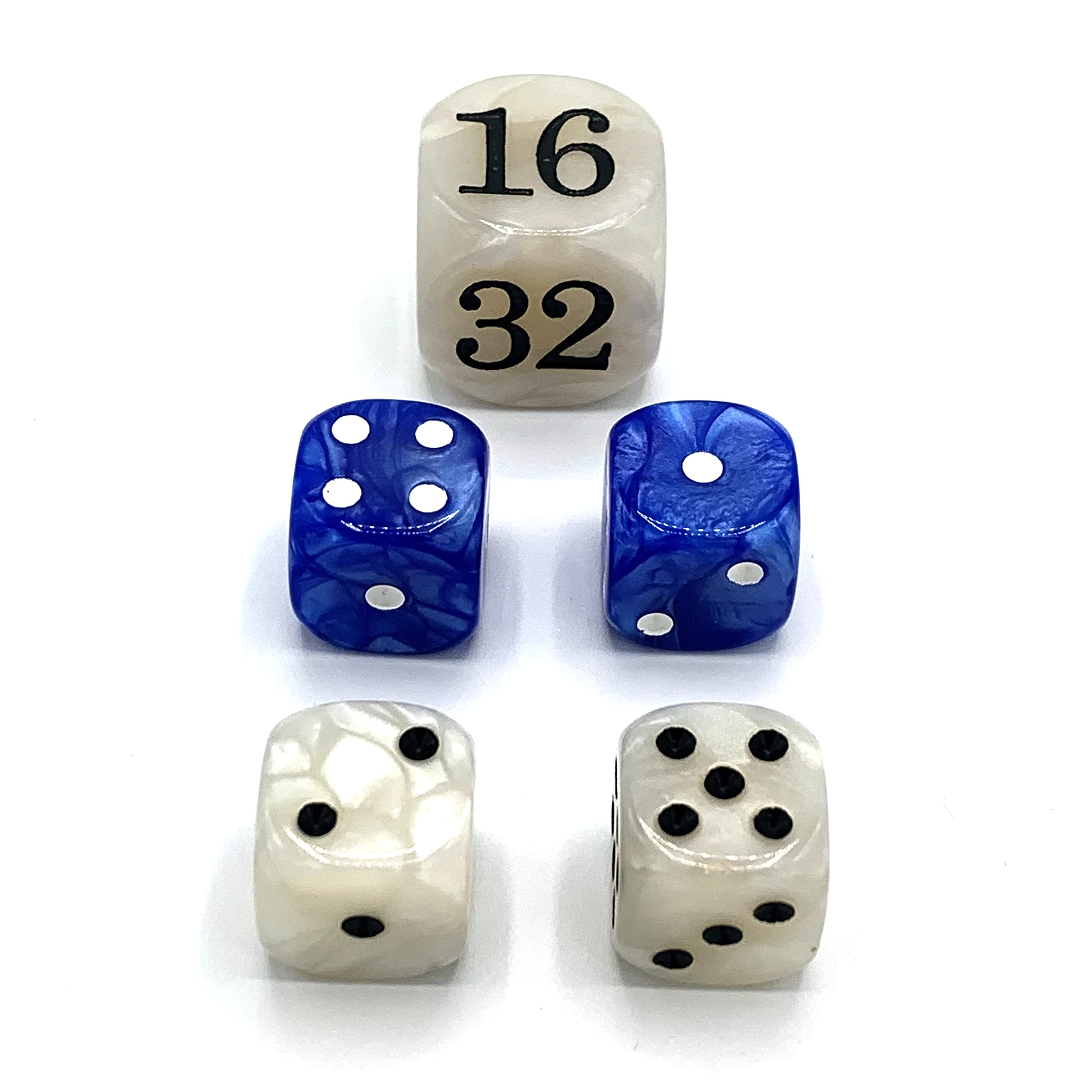 Luck Lab Backgammon Pearl Dice Set - 22mm Doubling Cube & 4x16mm Dice with Bonus Storage Bag | Blue/White Marble Design | Perfect for Board Games, Travel & Gifts