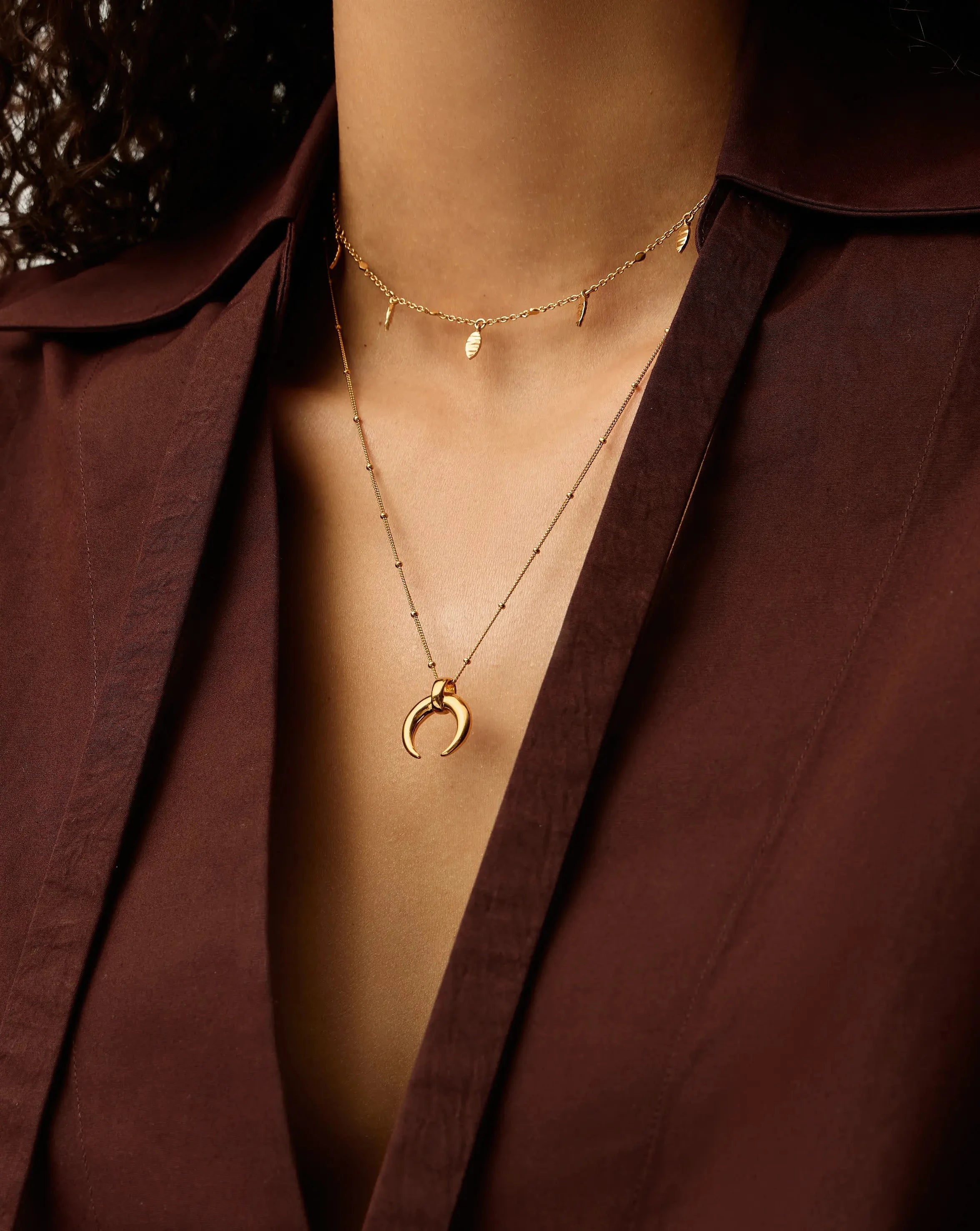 Lucy Williams 18k Gold Plated Horn Necklace & Leaf Charm Choker Set - Elegant Bohemian Jewelry for Women, Perfect for Festivals, Parties, and Everyday Wear