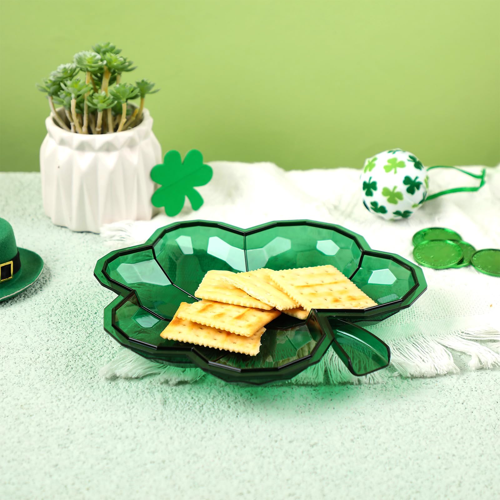 4 Pack St. Patrick's Day Plastic Bowls - 8.5 Inch Shamrock Shaped Serving Trays for Candy, Snacks & Party Decorations | Irish Themed Dinnerware for St. Paddy's Day Celebrations, Home Decor & Holiday Gatherings