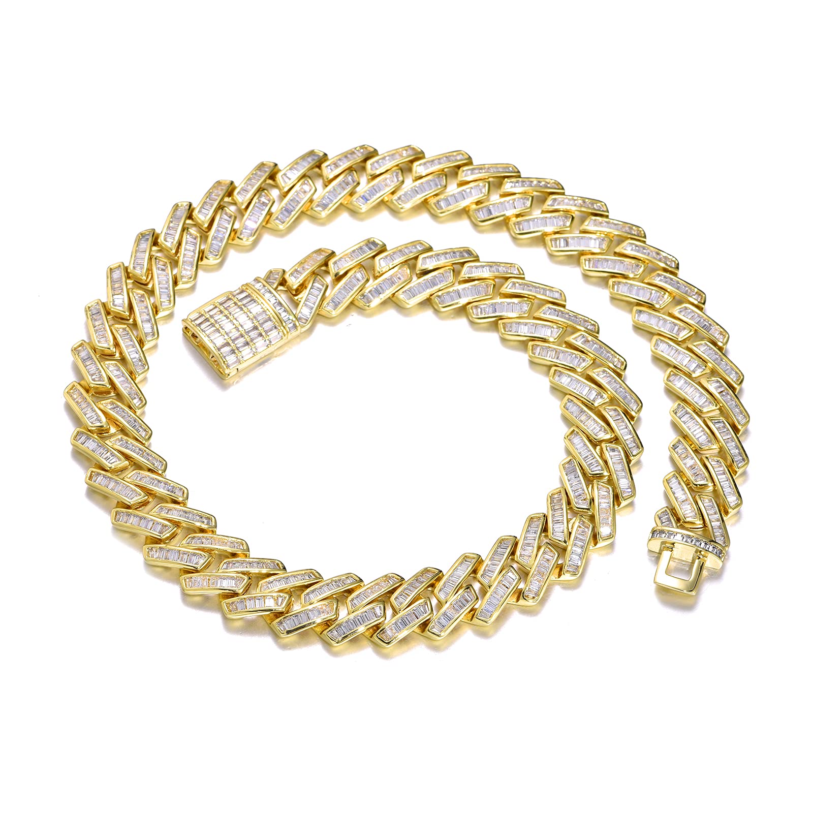 FEEL STYLE 15mm Baguette Prong Cuban Link Chain - Gold & Silver Miami Cuban Necklace with Iced Out Diamonds for Men & Women | Hip Hop Jewelry for Parties, Concerts & Streetwear Fashion