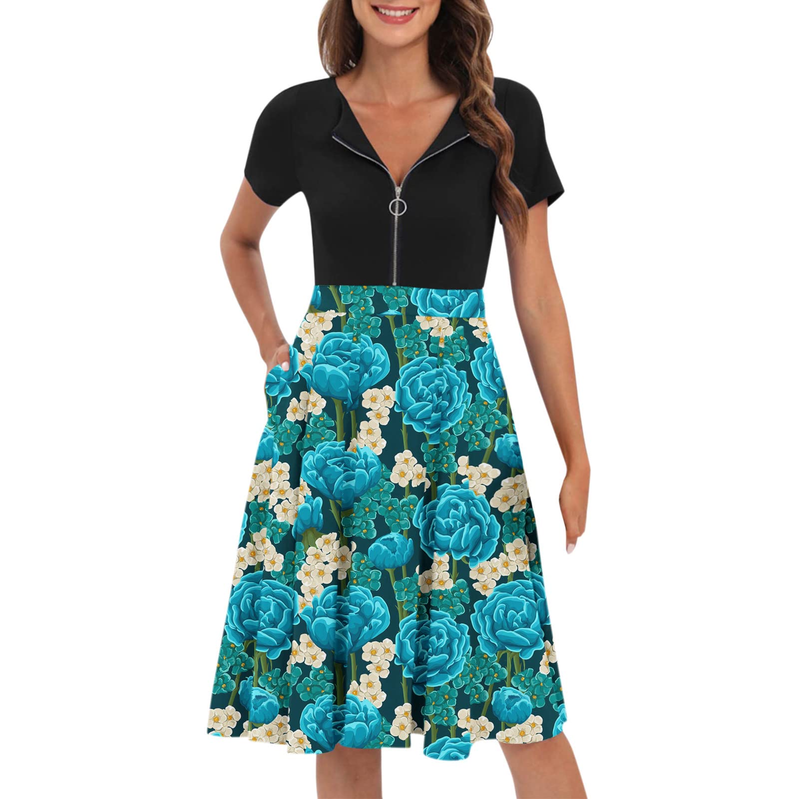 Women's Floral Print Maxi Dress with Pockets - Vintage A-Line Swing Dress for Summer, Graduation & Parties | Casual Midi Dress with Zipper for Outdoor Events, Beach Vacations & Date Nights