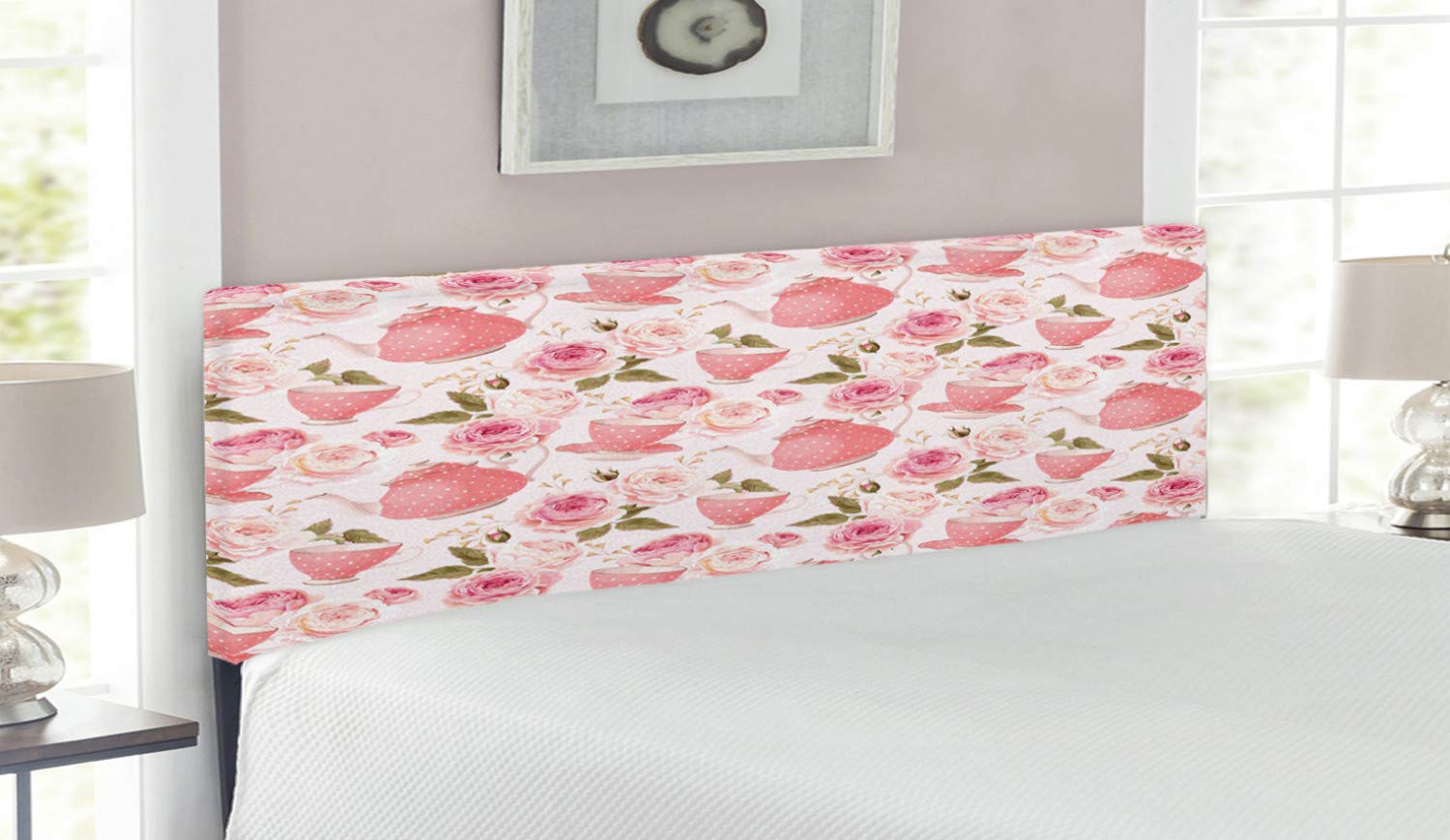 Ambesonne Floral Headboard - Vintage Tea Cups with Roses Shabby Chic Design, Upholstered Metal Bed Frame with Memory Foam - Queen Size in Fern Green & Pale Pink | Perfect for Romantic Bedroom Decor & Vintage Style Home Interiors