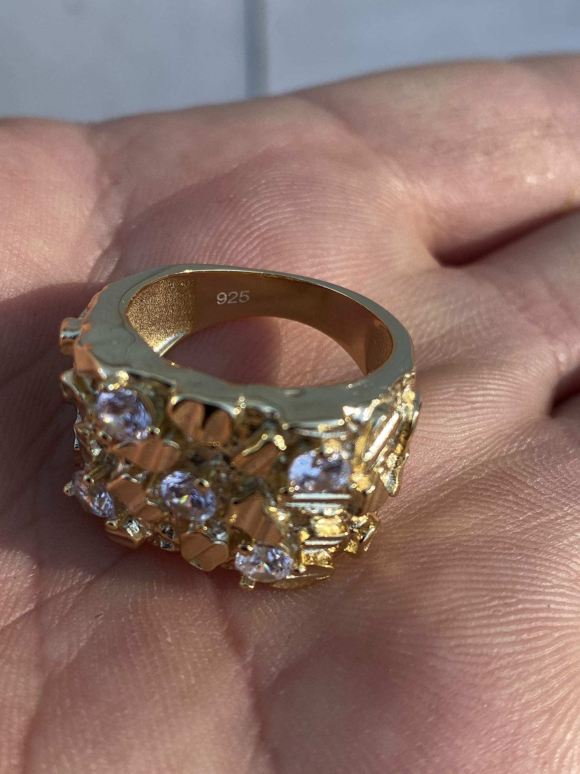 14K Gold Plated 925 Sterling Silver Men's Iced Nugget Ring - Pinky or Ring Finger Statement Jewelry - Sizes 7-13 - Perfect for Gifts, Parties & Everyday Wear