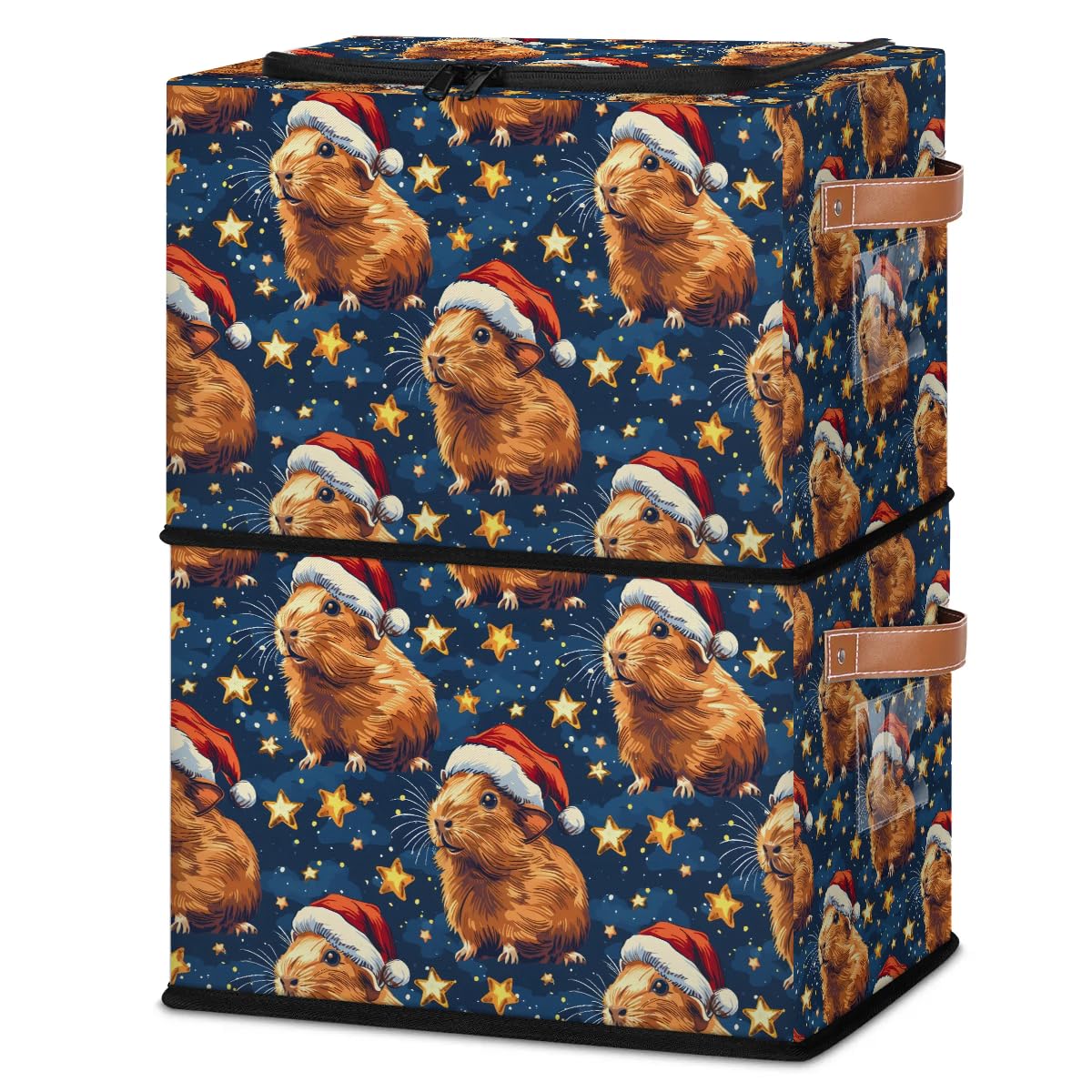 Cute Guinea Pig Storage Bins with Zipper Lid - Collapsible Foldable Stackable Clothes Organizer Containers with PU Leather Handles (23L, 2 Pack) - Perfect for Kids' Room, Closet Organization & Travel Storage