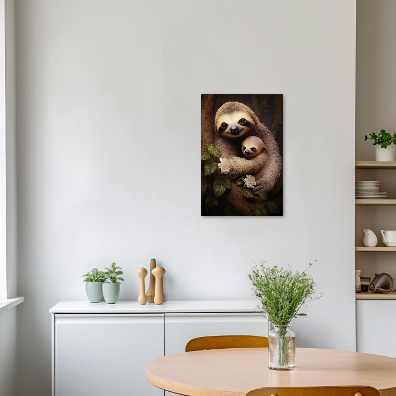 Sloth Wall Art - Framed Mother & Baby Sloth Painting (28x42 Inches) for Kids Room & Nursery Decor | Jungle Animal Prints | Perfect for Baby Showers & Playroom Themes