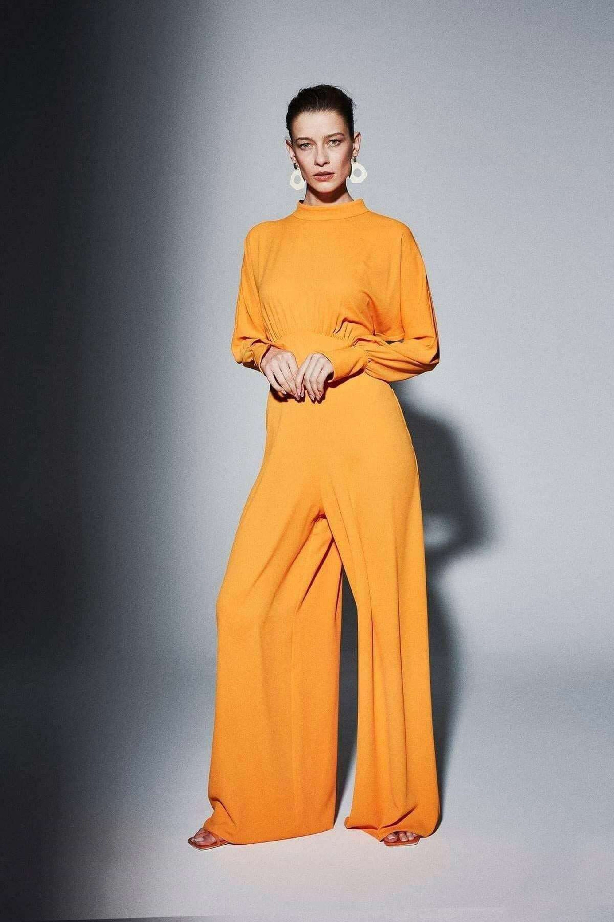 Elegant Draped Gathered High Waist Jumpsuit in Orange - Modest Women's Romper for Casual Wear, Parties & Special Occasions