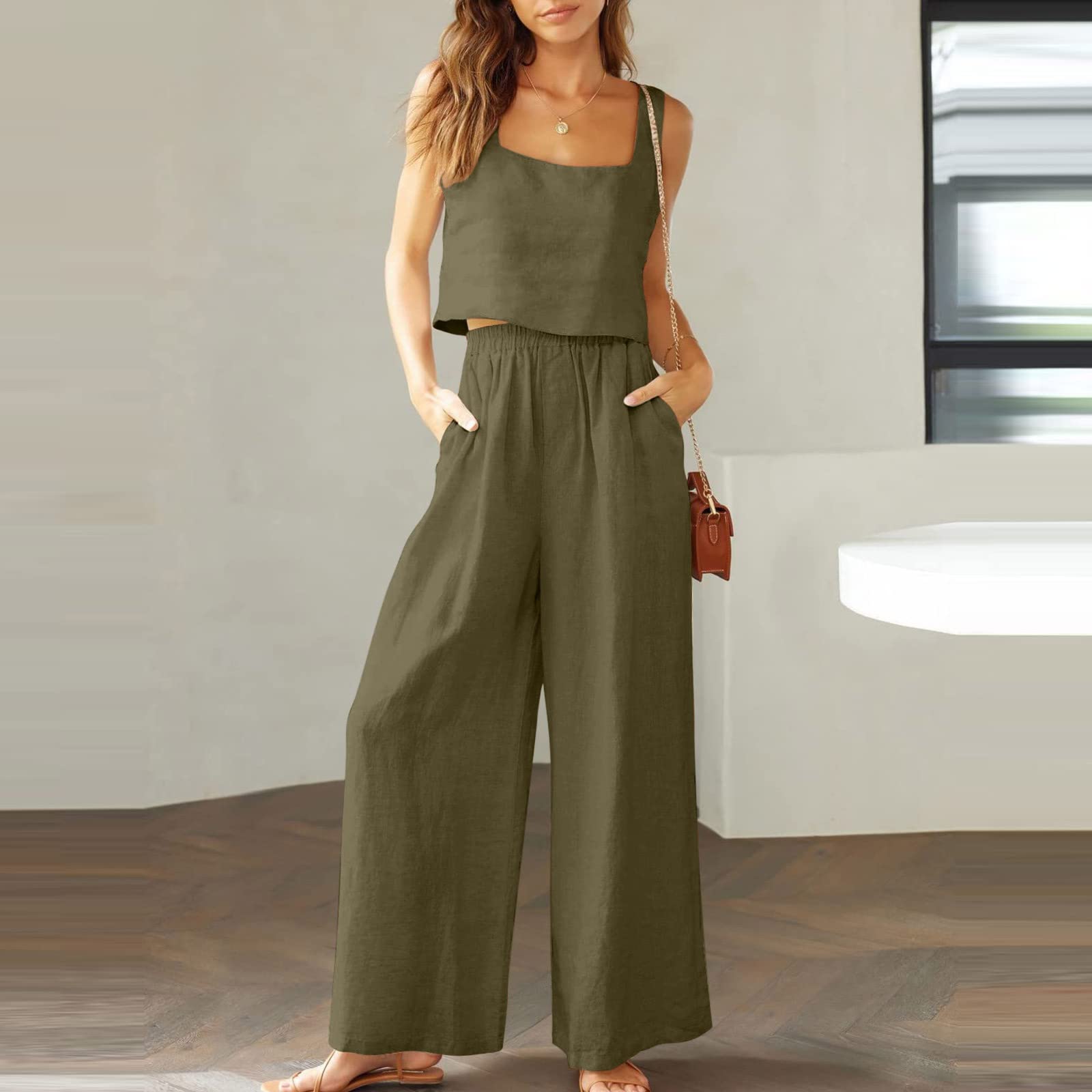 Oelaio Women's 2-Piece Wide Leg Lounge Set - 100% Cotton Button Down Pajama Set with Oversized Pants | Soft Linen Pajamas for Women | Casual Travel Outfits & Home Loungewear | Perfect for Relaxing, Sleeping and Comfortable Everyday Wear