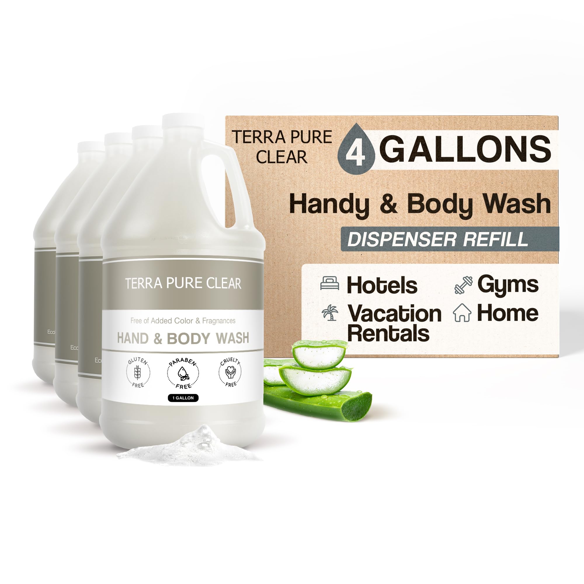 Terra Pure Clear Fragrance-Free Gallon Hand & Body Wash (4 Pack) - Gentle Cleansing for Sensitive Skin, Ideal for Home, Spa & Commercial Use