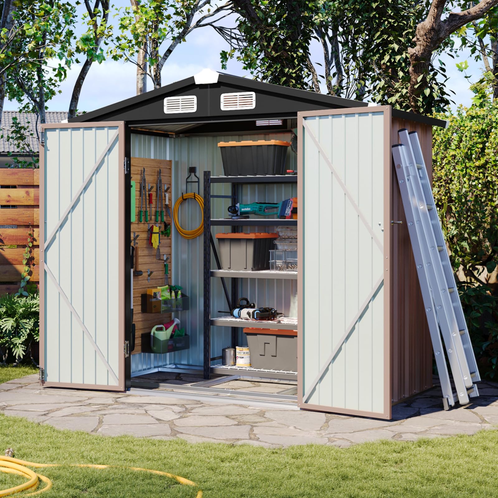 Aoxun 6x3.9 FT Outdoor Storage Shed with Metal Base - Lockable Garden Shed for Tools, Bikes & Backyard Storage | Durable Brown Weather-Resistant Shed for Patio, Poolside & Yard Organization