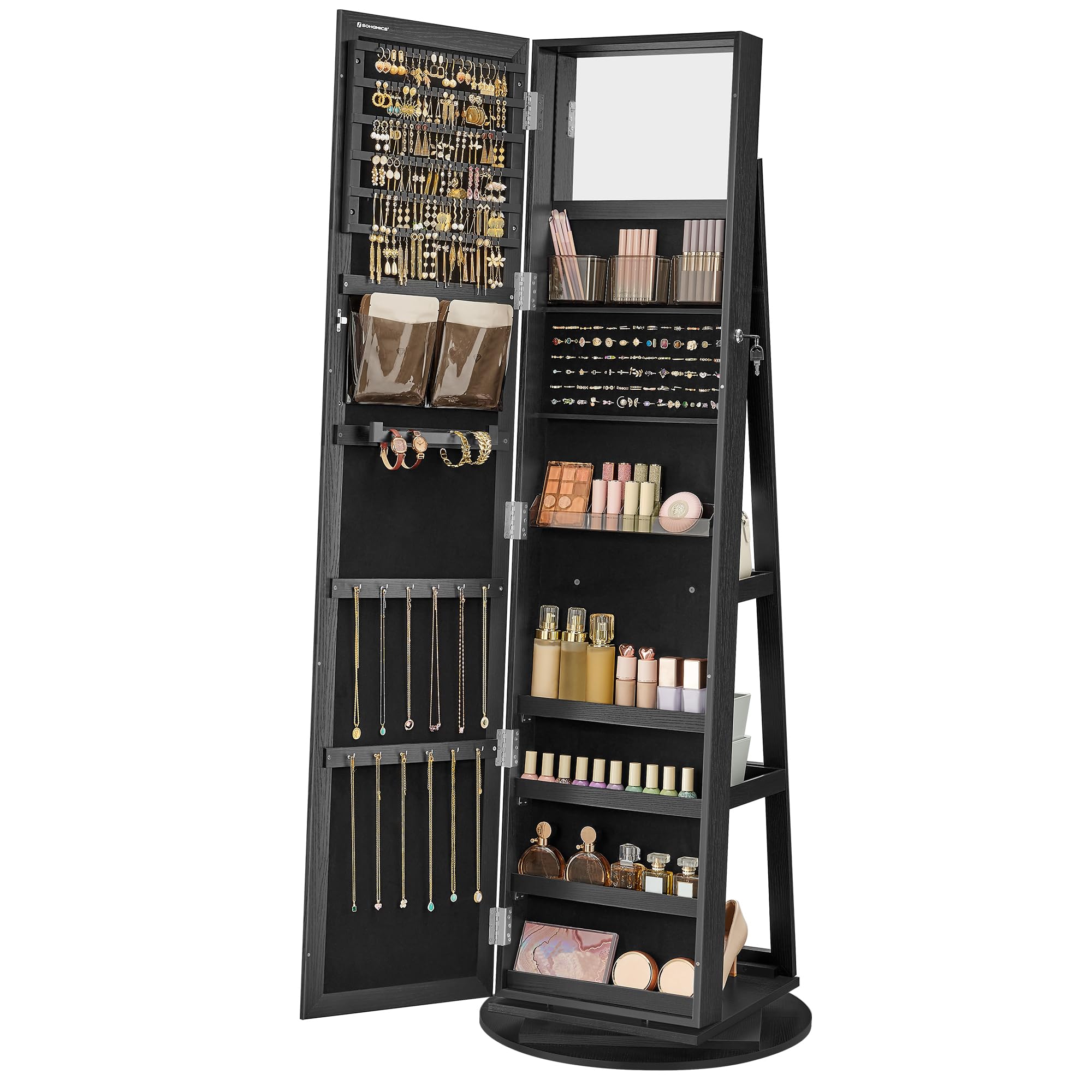 SONGMICS 360° Swivel Jewelry Cabinet with Full-Length Mirror - Lockable Jewelry Organizer with Interior Mirror & Storage Shelves - Jewelry Armoire for Bedroom, Closet or Dressing Room - Perfect Gift Idea (Black, UJJC006B01)