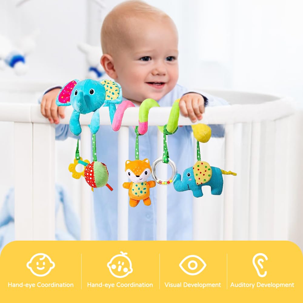 Soft Spiral Hanging Toys for Car Seat & Stroller - Plush Baby Toys with Squeaker & Rattle for 0-12 Months | Crib, Bassinet & Mobile Decor | Perfect for Newborns & Infants During Travel & Playtime