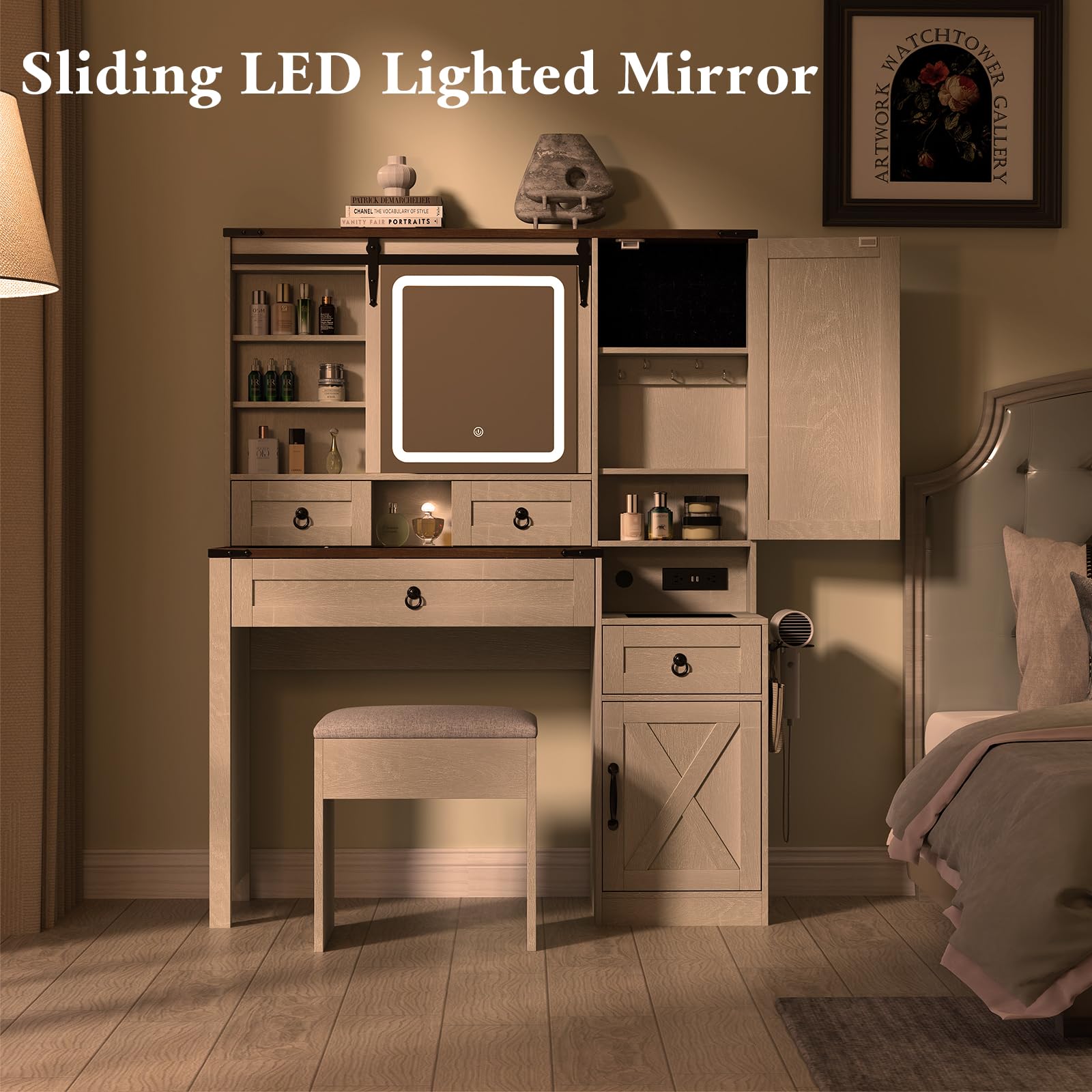 Farmhouse Makeup Vanity Desk with Sliding Mirror & LED Lights - 42