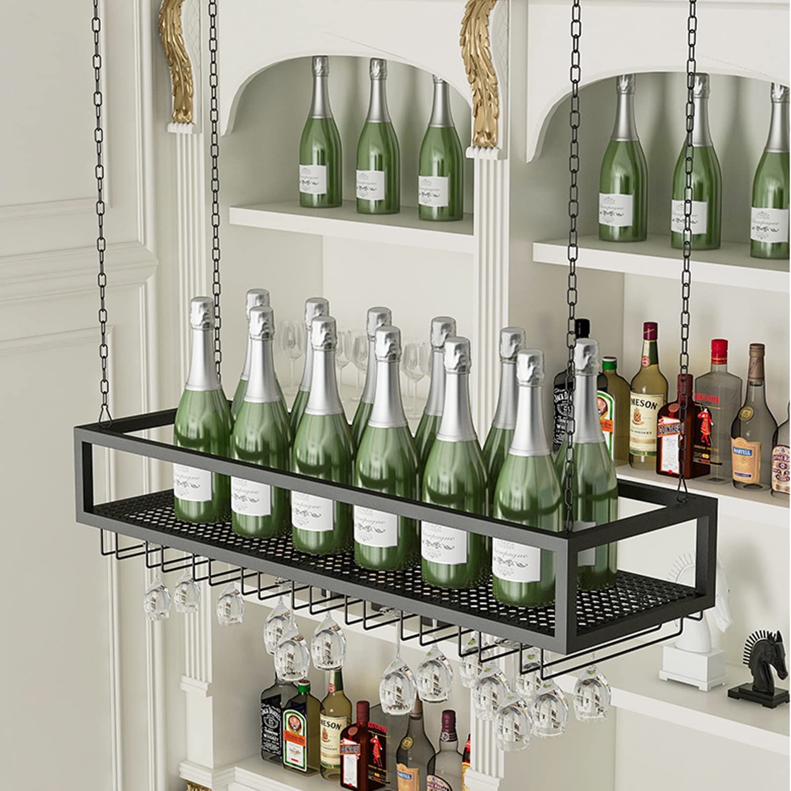 Ceiling Hanging Wine Rack - Metal Floating Storage Organizer for Wine Bottles & Stemware Glasses (140x25x20cm) - Perfect for Kitchen, Bar, Under Cabinet, Dining Room & Home Decor