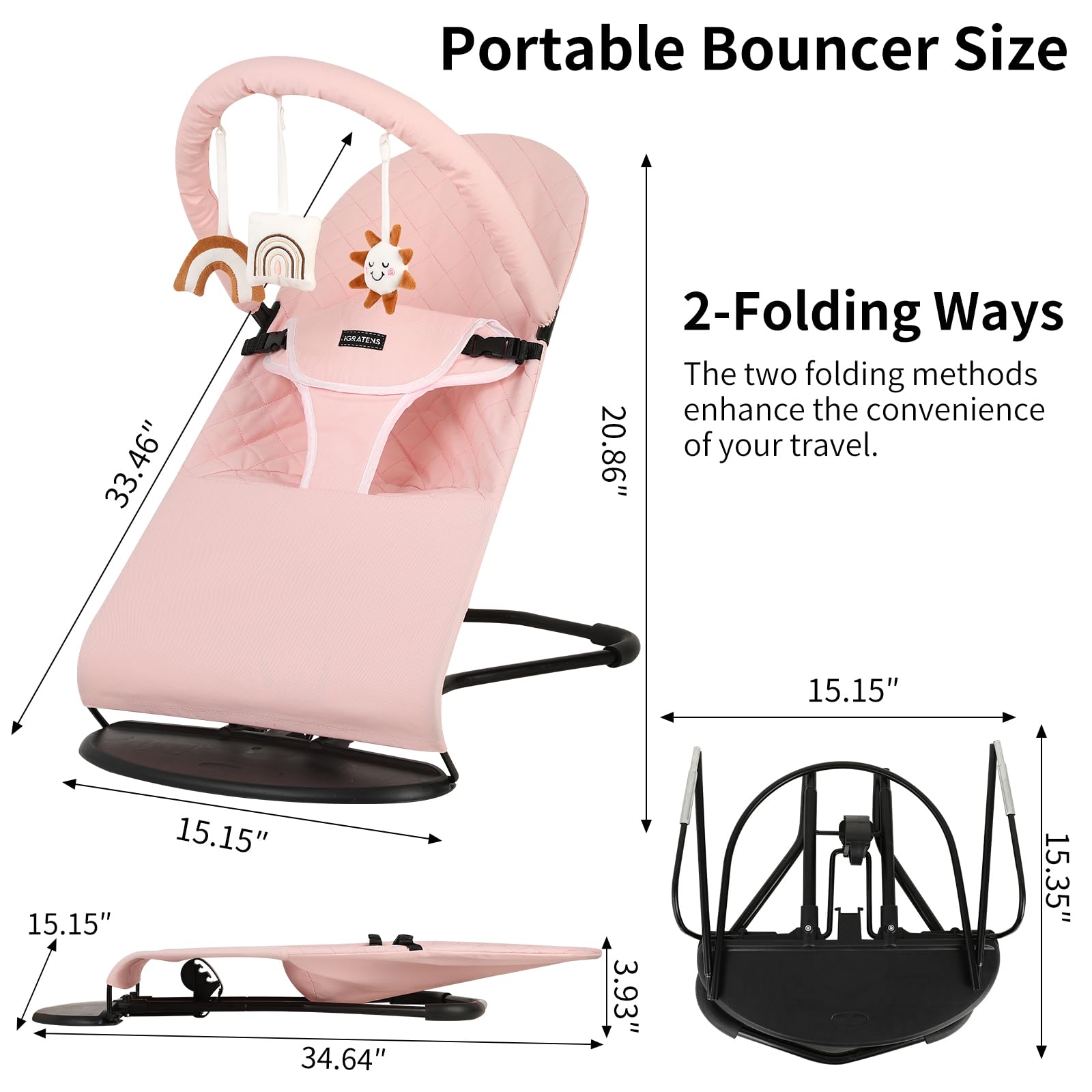 Portable Baby Bouncer Seat with Adjustable Positions - 3-Level Infant Rocker Chair with 100% Cotton Fabric & Hanging Toys - Perfect for Newborns, Playtime & Nursery - Pink