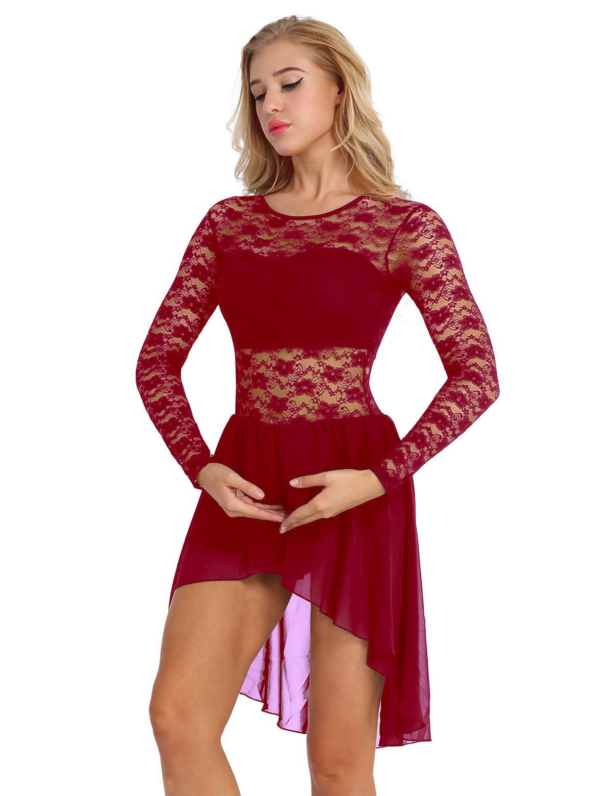FEESHOW Women's Long Sleeve Floral Lace Lyrical Dance Leotard with High-Low Chiffon Skirt - Perfect for Ballet, Contemporary Dance Performances and Competition Costumes