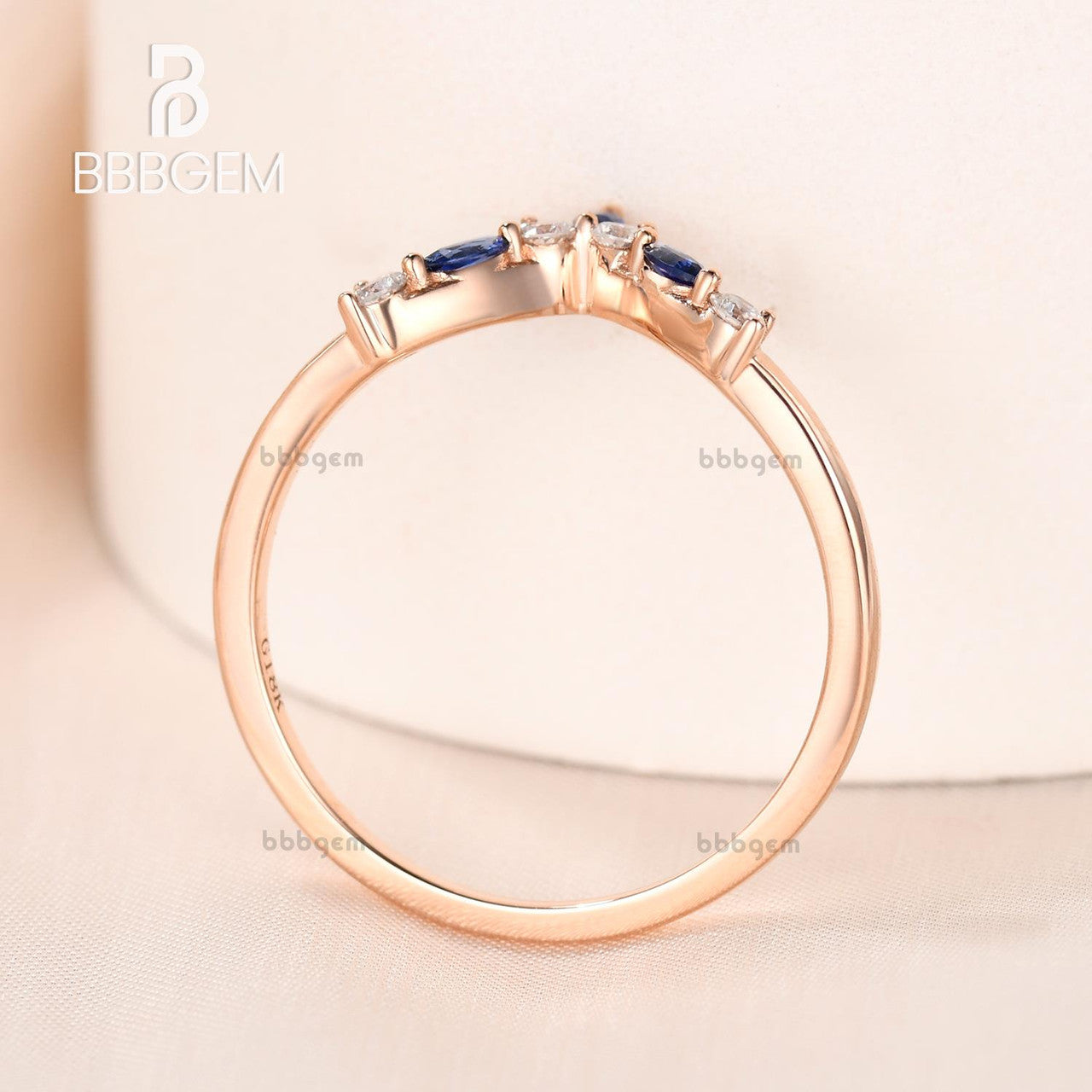 Rose Gold Diamond Sapphire Wedding Band - Curved V-Shaped Matching Ring Set for Women | Elegant Bridal Jewelry for Engagement, Anniversary & Special Occasions