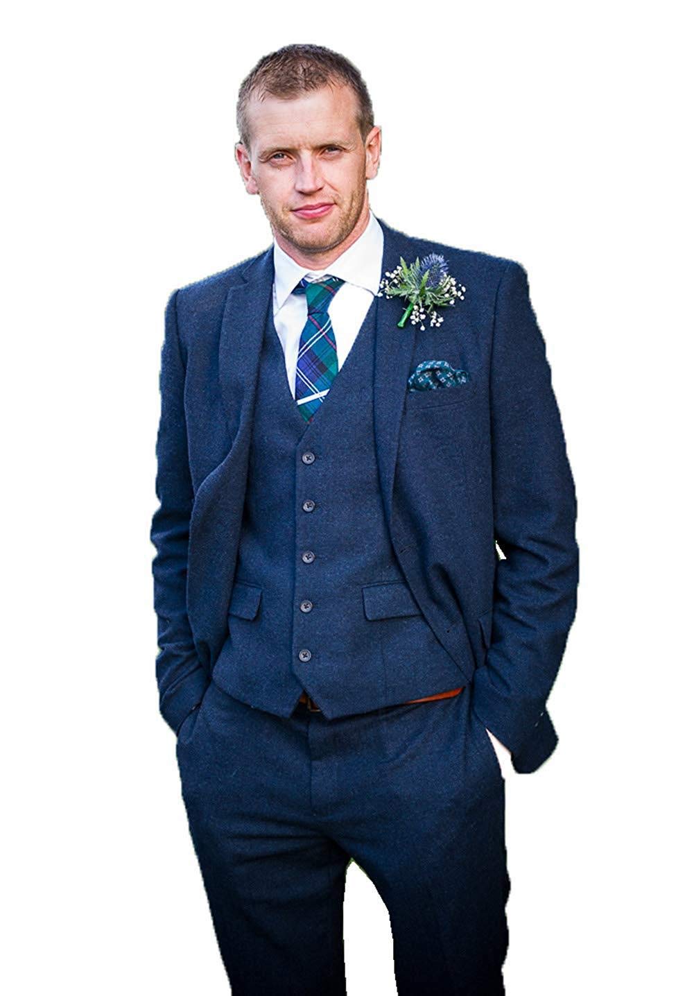 Vintage Navy Blue Tweed Herringbone Slim Fit 3-Piece Tuxedo Suit for Men - Formal Wedding Groom Attire & Special Occasions