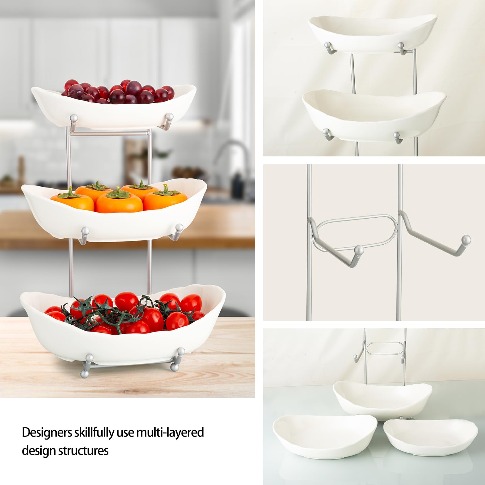 3-Tier Ceramic Fruit Bowl with Metal Stand - Elegant Kitchen Countertop Serving Bowl for Fruits, Vegetables, Snacks, Bread, Candy, Nuts, Cake & Desserts | Perfect for Dining Room, Party Display & Home Decor (White)