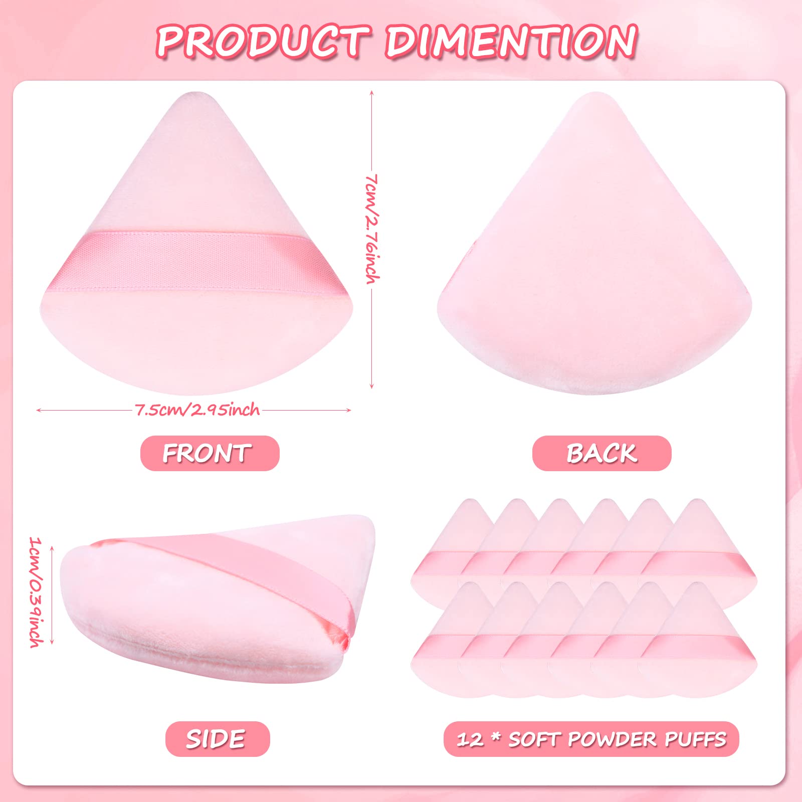 12 Pack Pink Triangle Powder Puffs - Soft Velour Makeup Puffs for Pressed & Loose Powder - Mini Cotton Cosmetic Puffs for Foundation, Mineral Powder & Wet/Dry Makeup - Perfect for Travel & Everyday Touch-Ups