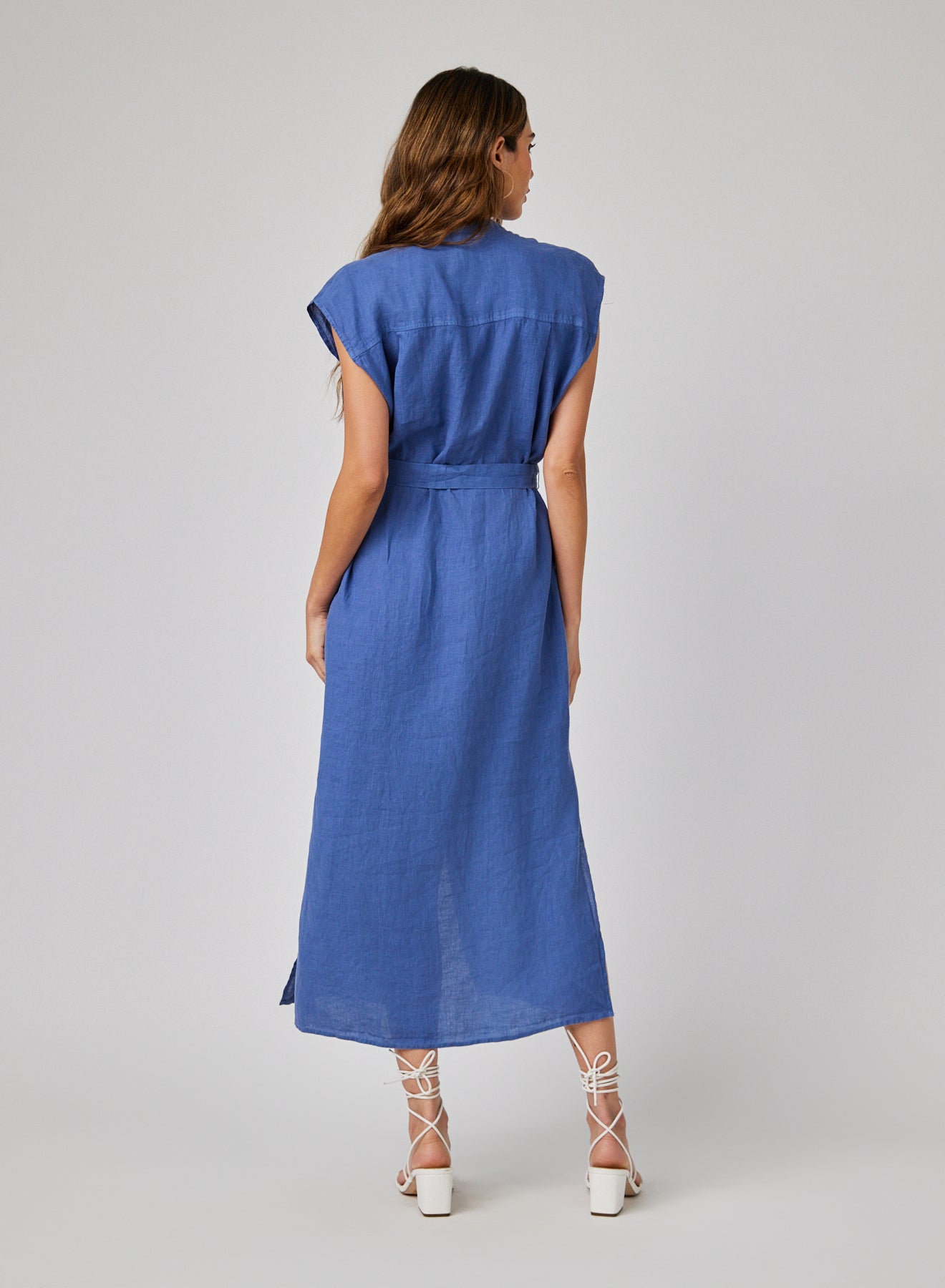 Linen Cap Sleeve Button Front Midi Dress in Antique Indigo - Perfect for Summer Outings, Beach Vacations & Casual Events