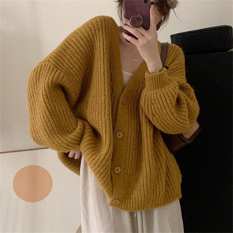 Long Sleeve Knitted Cardigan for Women - V Neck Loose Fit Lazy Style Sweater Jacket for Spring & Autumn | Cozy Office Wear & Casual Outfits