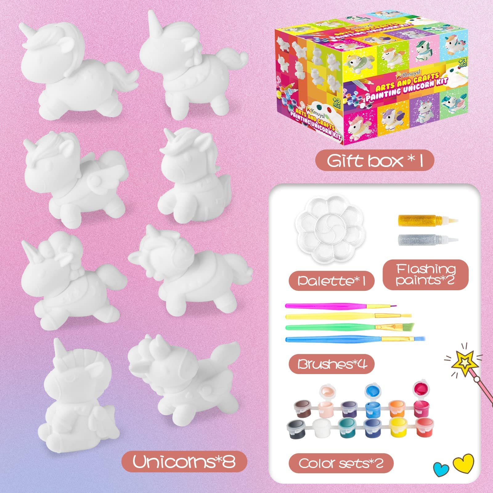 KMUYSL Unicorn Painting Kit for Kids Ages 4-8 - 8 Unicorn Figurines, Art Supplies & Crafts Set - Perfect Birthday Gift for Boys & Girls 3-8 Years Old - Creative DIY Activity for Home, School & Party Fun