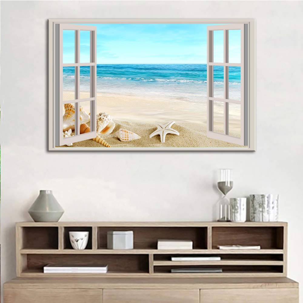 Premium Canvas Wall Art - Framed Seashell Seascape Giclee Painting for Living Room Decor | Coastal Beach Theme Home Wall Decorations | Perfect for Beach House, Bedroom & Office Wall Art